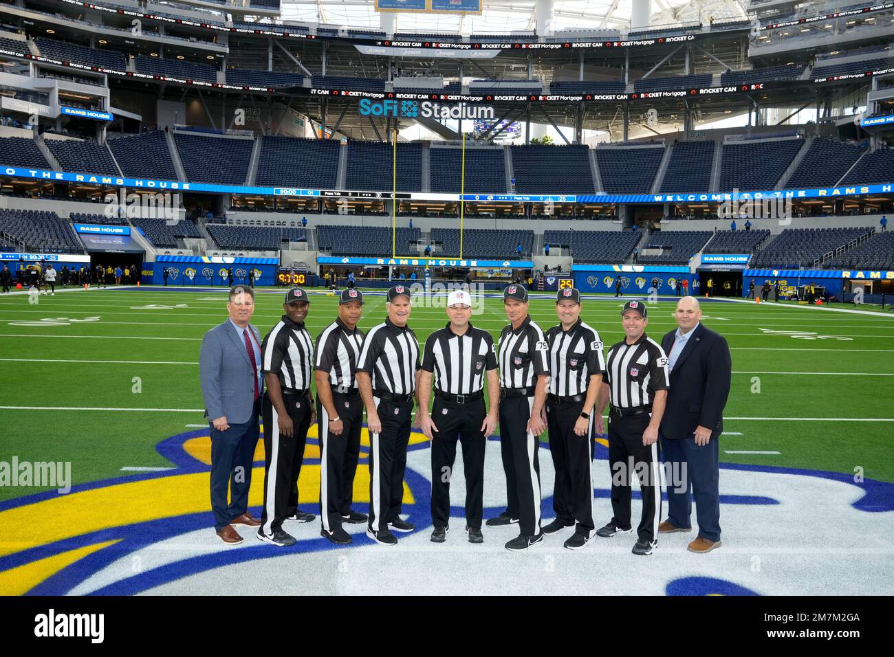 Replay Assistant Roddy Ames, from left, line judge Bart Longson (2), Down  Judge David Oliver, field judge Terry Brown (43), umpire Carl Paganelli  (124), referee Walt Anderson (66), referee Carl Cheffers (51)