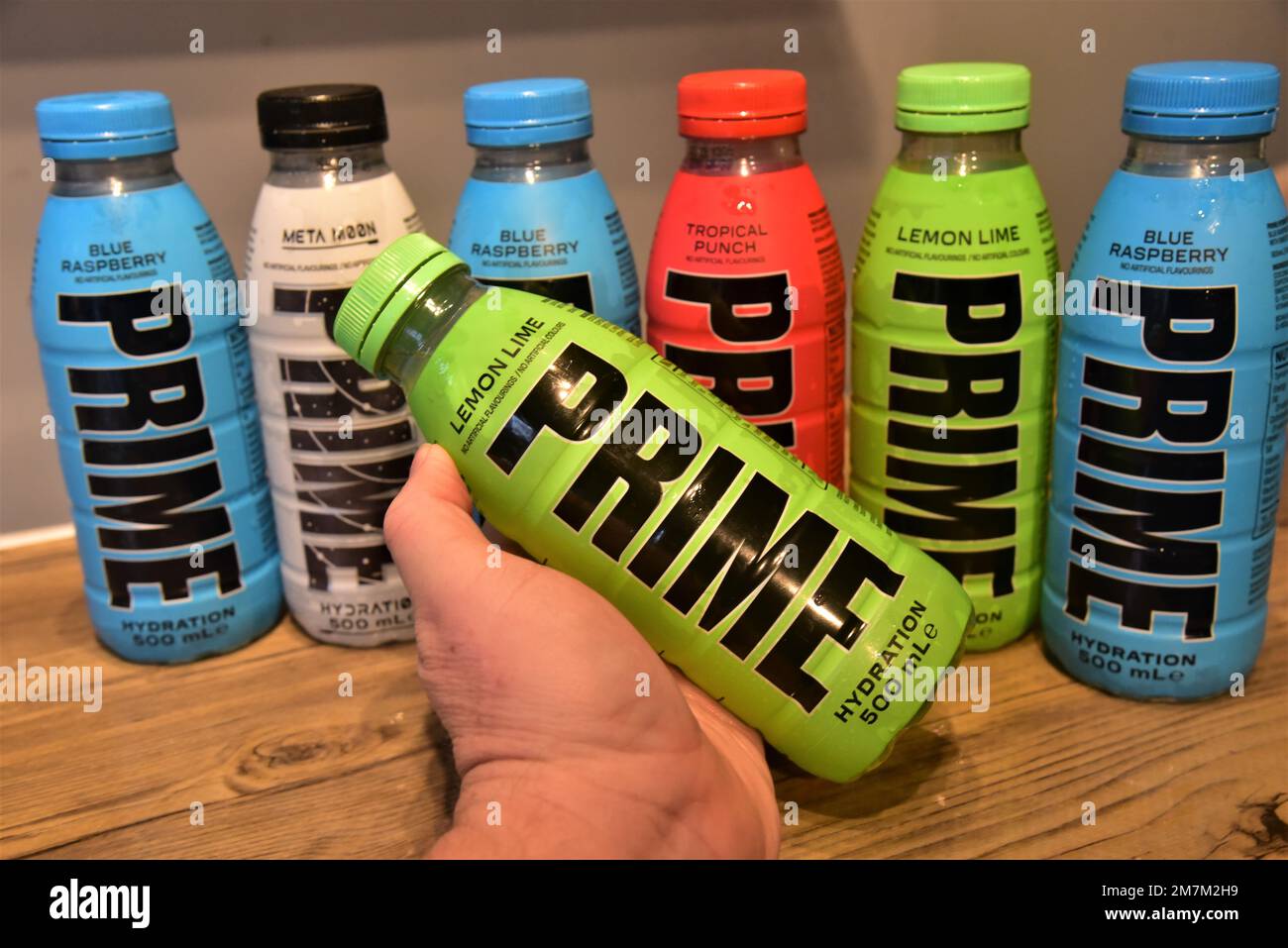 PRIME hydration soft drink by YouTube stars KSI and Logan Paul. The must have drink by teenagers is sold out within minutes after appearing on shelves Stock Photo