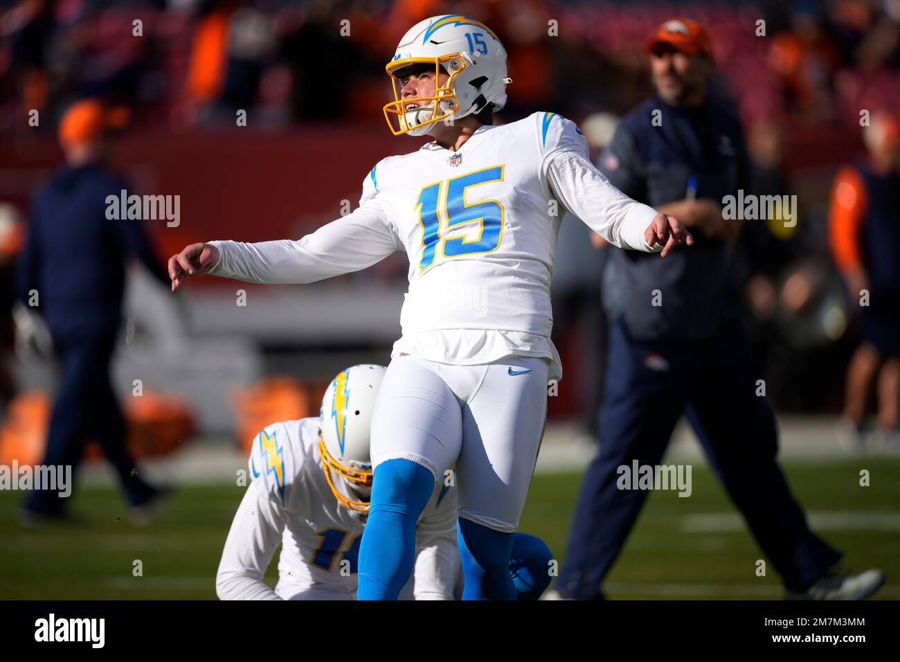 Los Angeles Chargers place kicker Cameron Dicker (15) before an NFL football game Sunday, Jan. 8