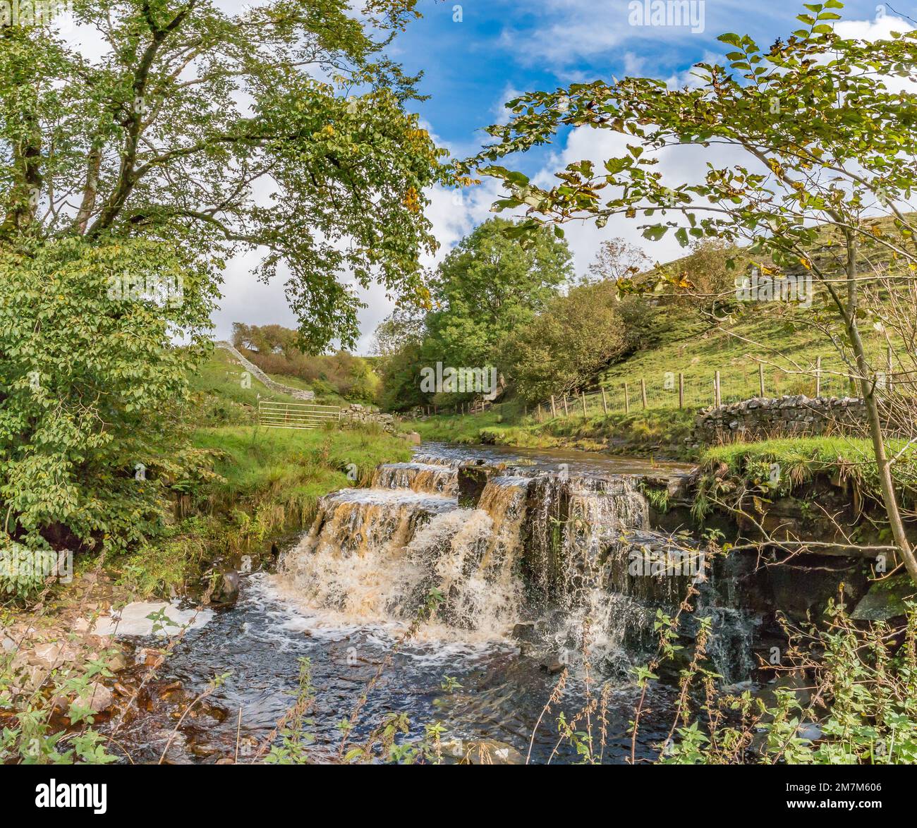 Autumn tints forming in the trees surrounding this picturesque waterfall on Ettersgill Beck in Upper Teesdale. Stock Photo