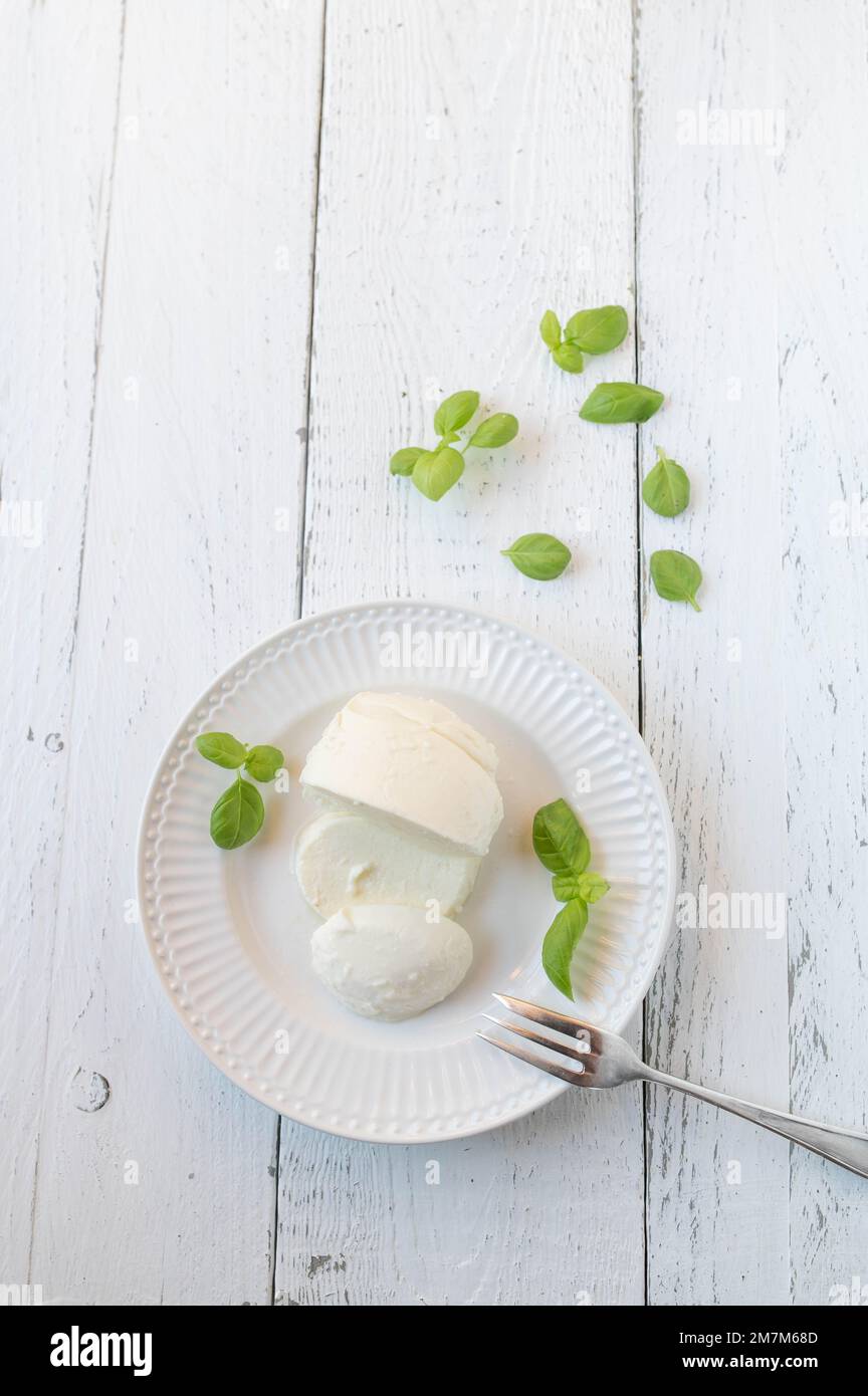 Mozzarella cheese with basil leaves on a plate isolated on white table background with space for text. Stock Photo