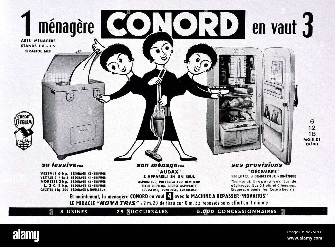 Vintage or Old Advert, Advertisement, Publicity or Illustration for 1950s Housewife or Housekeeper with Conord White Goods or Major Appliances including a Washing Machine, Hoover and Refrigerator 1956 Stock Photo
