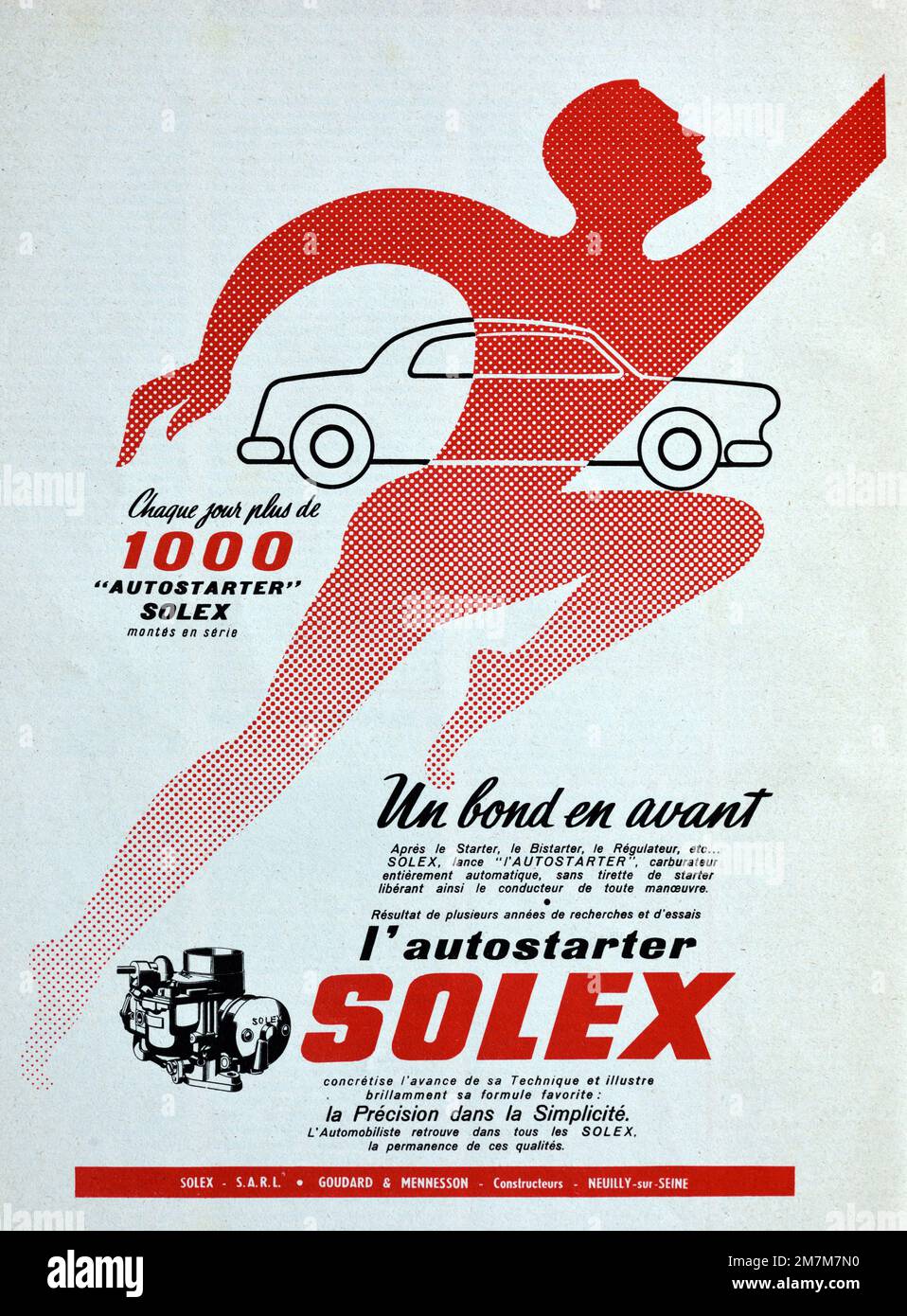 Vintage or Old Advert, Advertisement, Publicity or Illustration for Solex Carbureters or Carrburreters Advert 1956 Illustrated with image of Running Man, Sprinting Man or Sprinter Stock Photo