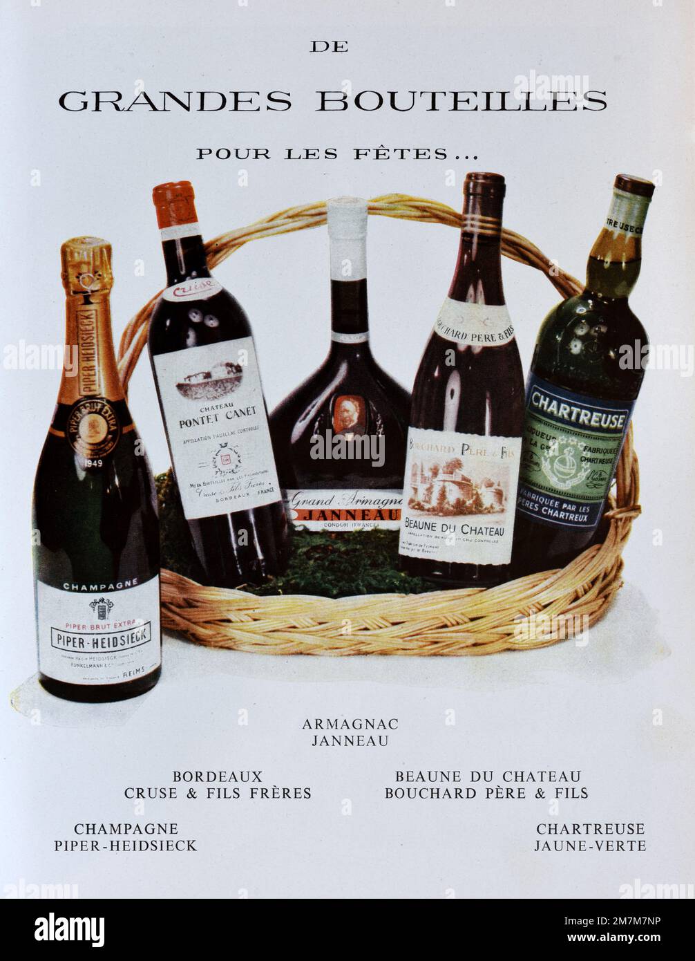 Vintage or Old Advert, Advertisement, Publicity or Illustration for Fine Wines, Grandes Bouteilles or Grands Crus Presented in Wicker Basket 1956 French Advert Stock Photo