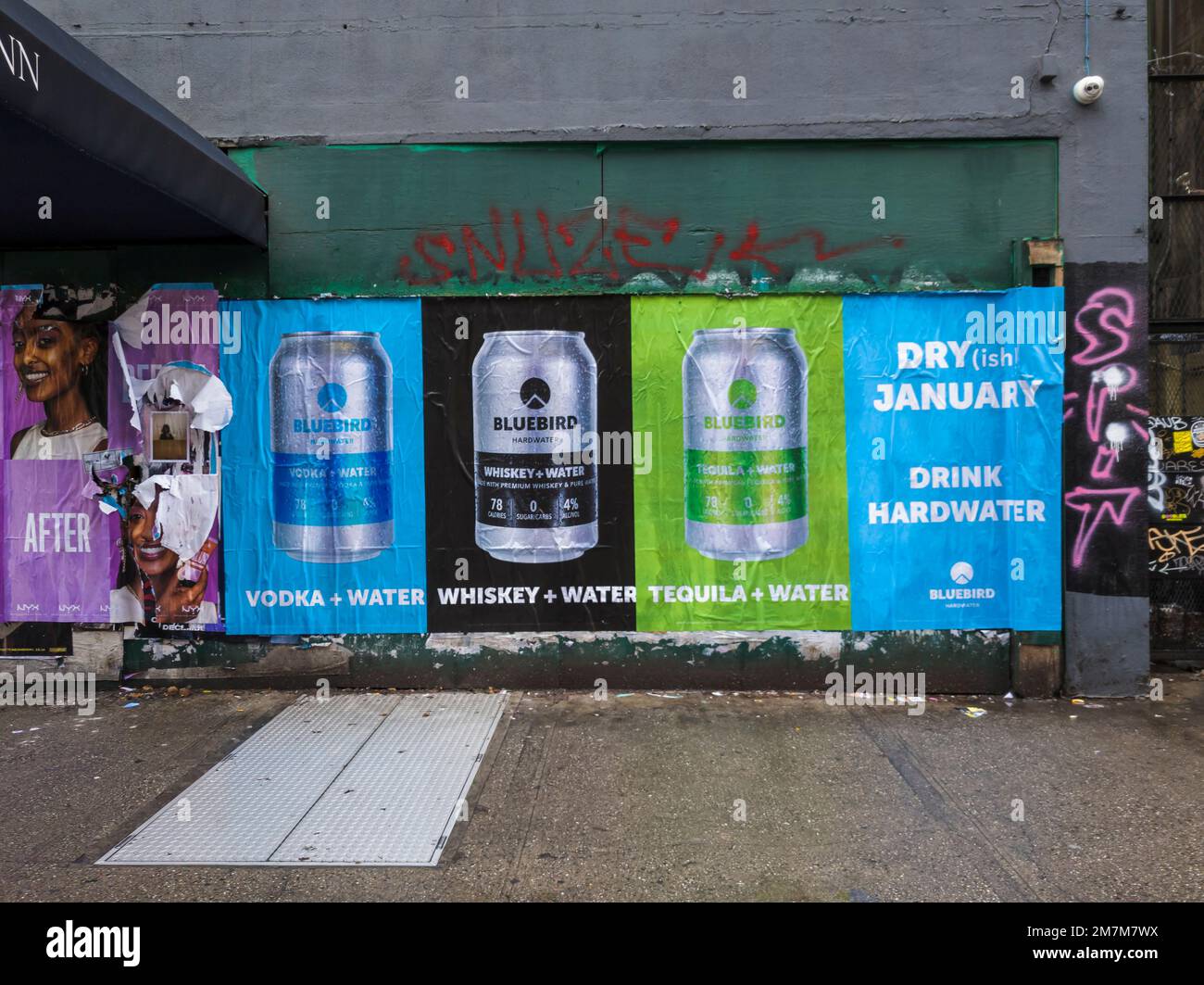 Advertising billboards for Bluebird Hardwater promote a dry(ish