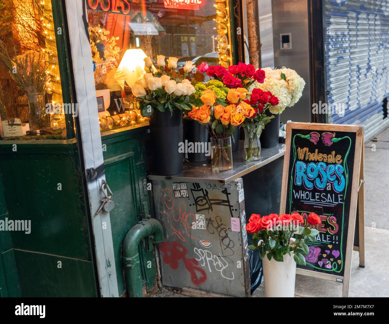 Wholesale rose seller in the Flower District in New York on Sunday