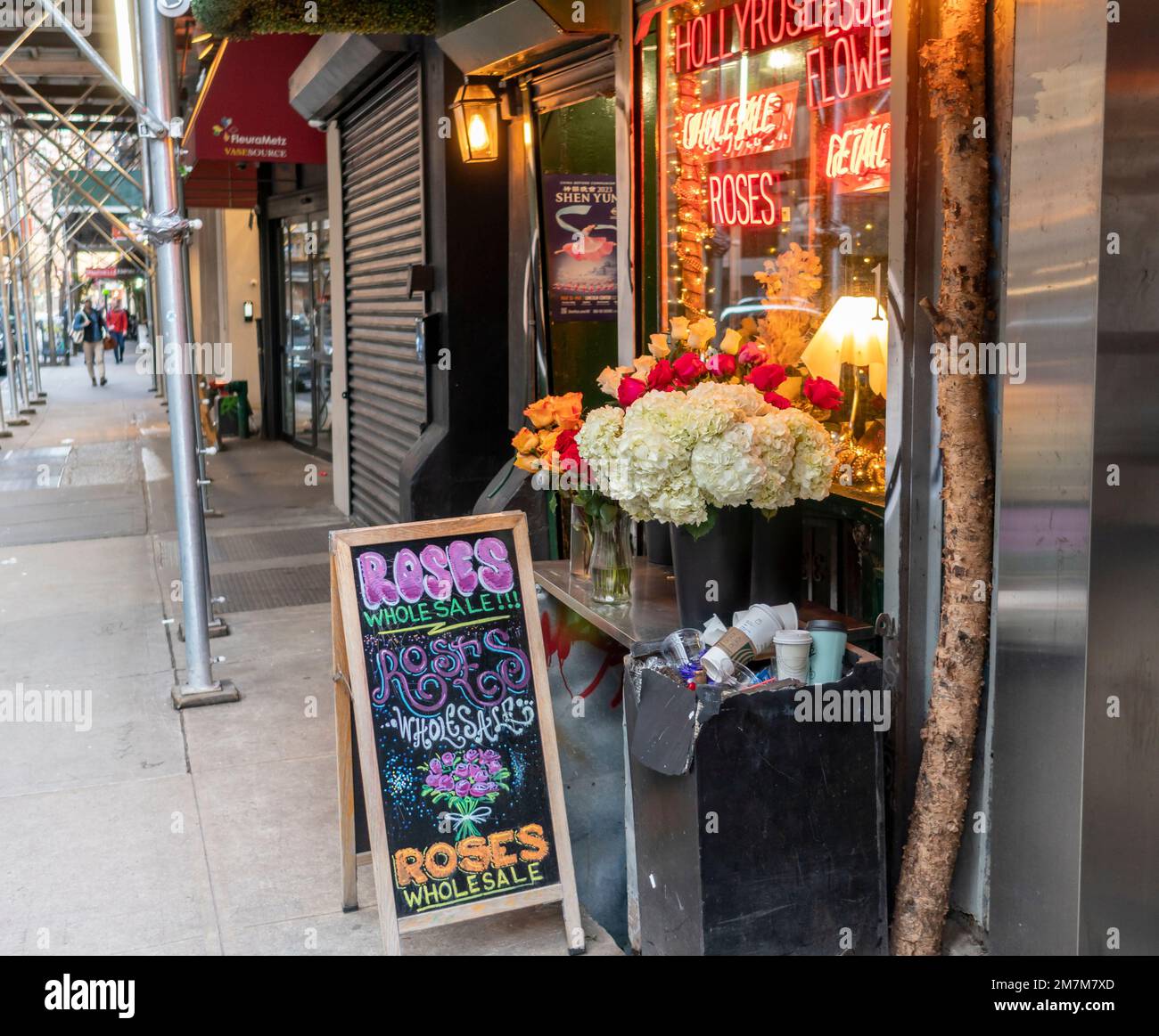 Wholesale rose seller in the Flower District in New York on Sunday