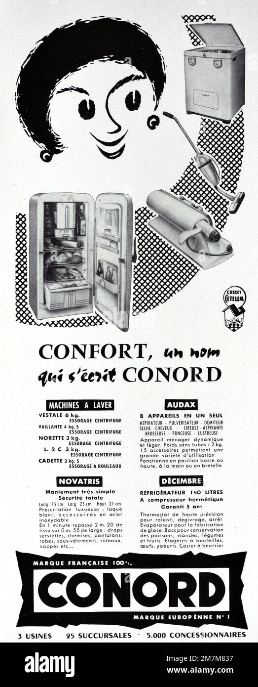 Vintage or Old Advert, Advertisement, Publicity or Illustration for 1950s Housewife or Housekeeper with Conord White Goods or Major Appliances including a Washing Machine, Hoover and Refrigerator 1956 Stock Photo