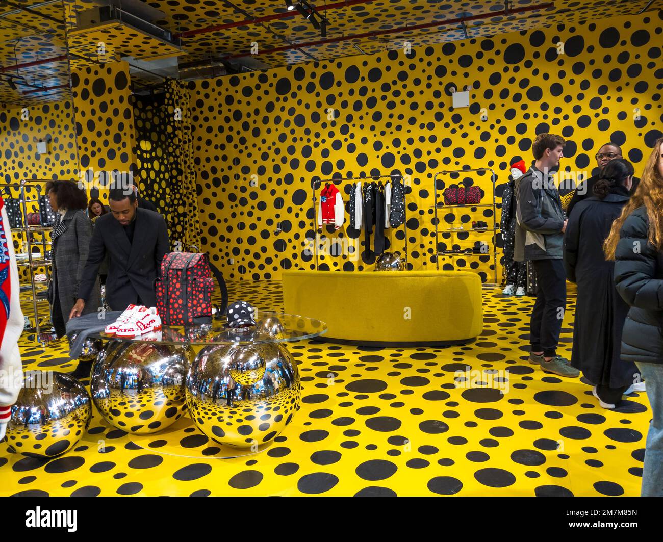 Crowds flock to the Louis Vuitton store in the Meatpacking District in New York on Saturday, January 7, 2023 to browse and buy clothing and accessories from the Yayoi Kusama collaboration with the brand.  (© Richard B. Levine) Stock Photo