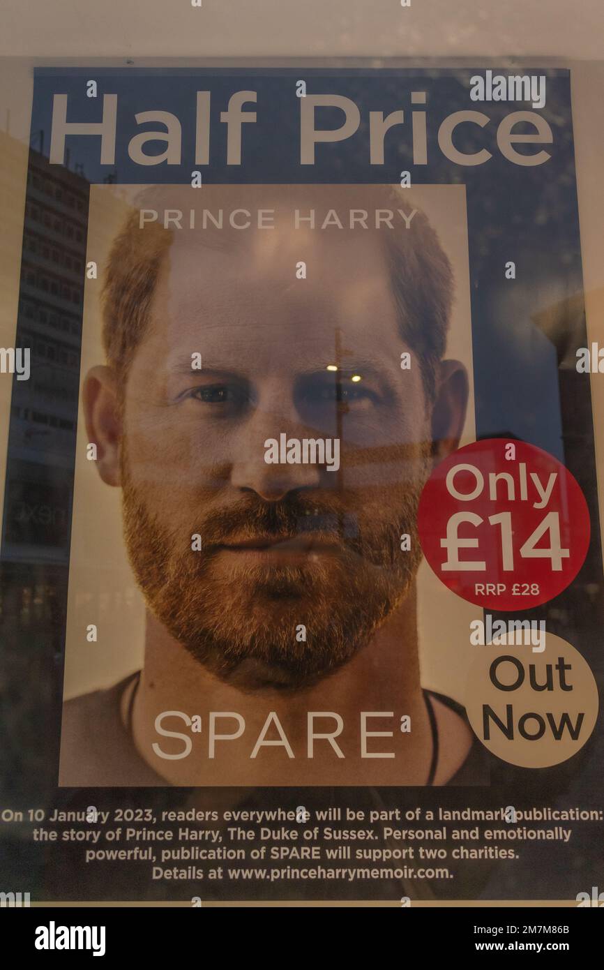 Southend on Sea, UK. 10th Jan, 2023. Prince Harrys book, Spare, goes on sale. A window display on the High Street. Penelope Barritt/Alamy Live News Stock Photo