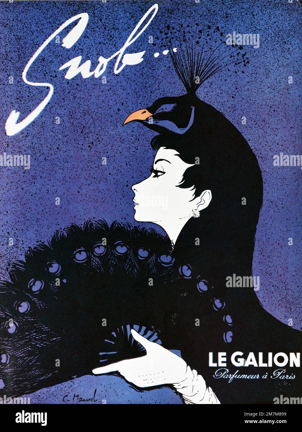 Vintage or Old Advert, Advertisement, Publicity or Illustration for Snob Perfume from Le Galion 1956. Illustrated with Imge of Young Woman in Peacock Costume and Hand Fan Stock Photo