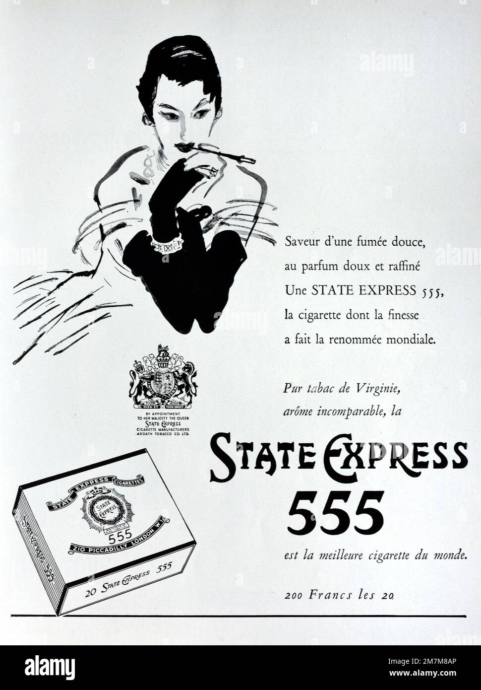 Vintage or Old Advert, Advertisement, Publicity or Illustration for Express 555 Cigarettes 1956. Illustrated with Image of Sophisticated Young Woman Smoking or Female Smoker Stock Photo