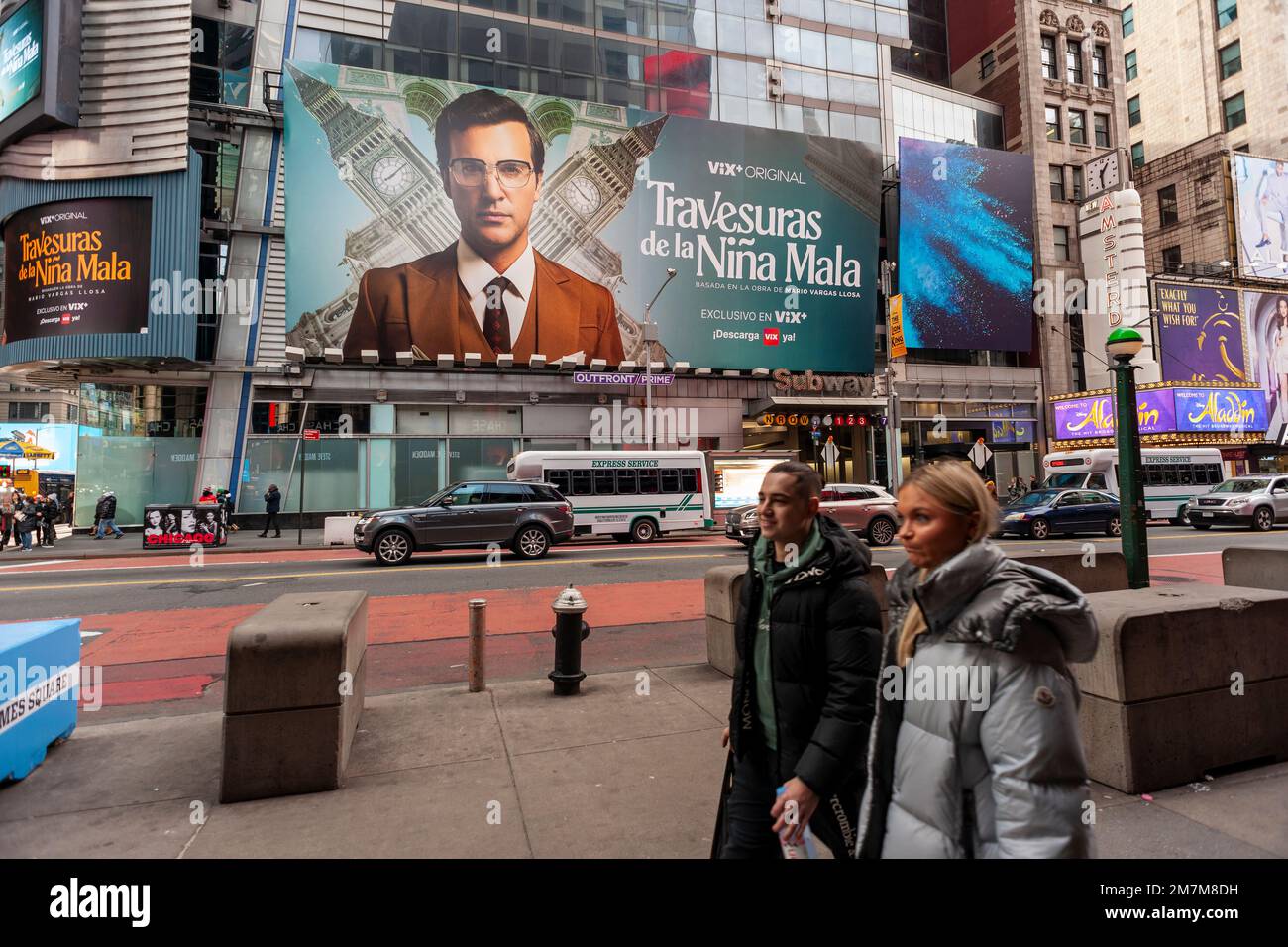 Advertising for the Vix+ Spanish language streaming service on a billboard in Times Square in New York on Sunday, January 8, 2023. The service is owned by TelevisaUnivision. (© Richard B. Levine) Stock Photo