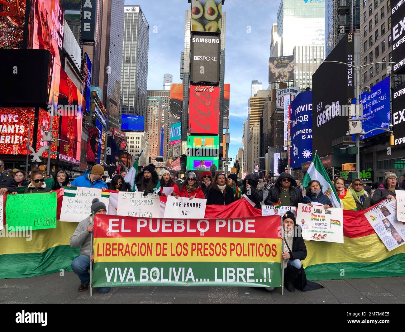 Bolivian-Americans and their supporters gather in Times Square in New