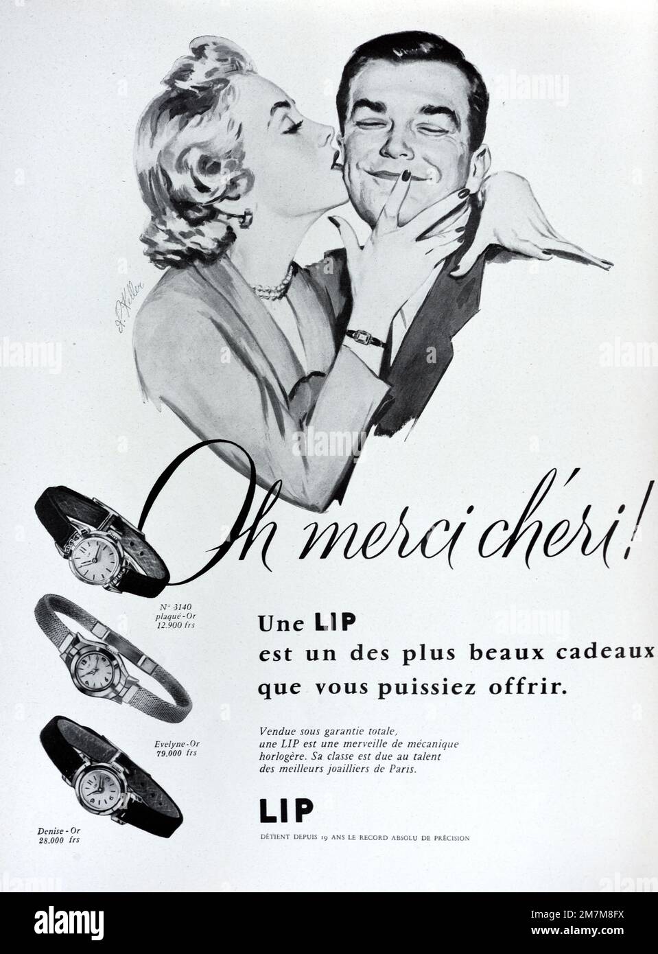 Vintage or Old Advert, Advertisement, Publicity or Illustration for Female Lip Watch or Watches Advert 1956. Illustrated with Image or 1950s Young Couple with Wife thanking Husband for her Present. Stock Photo