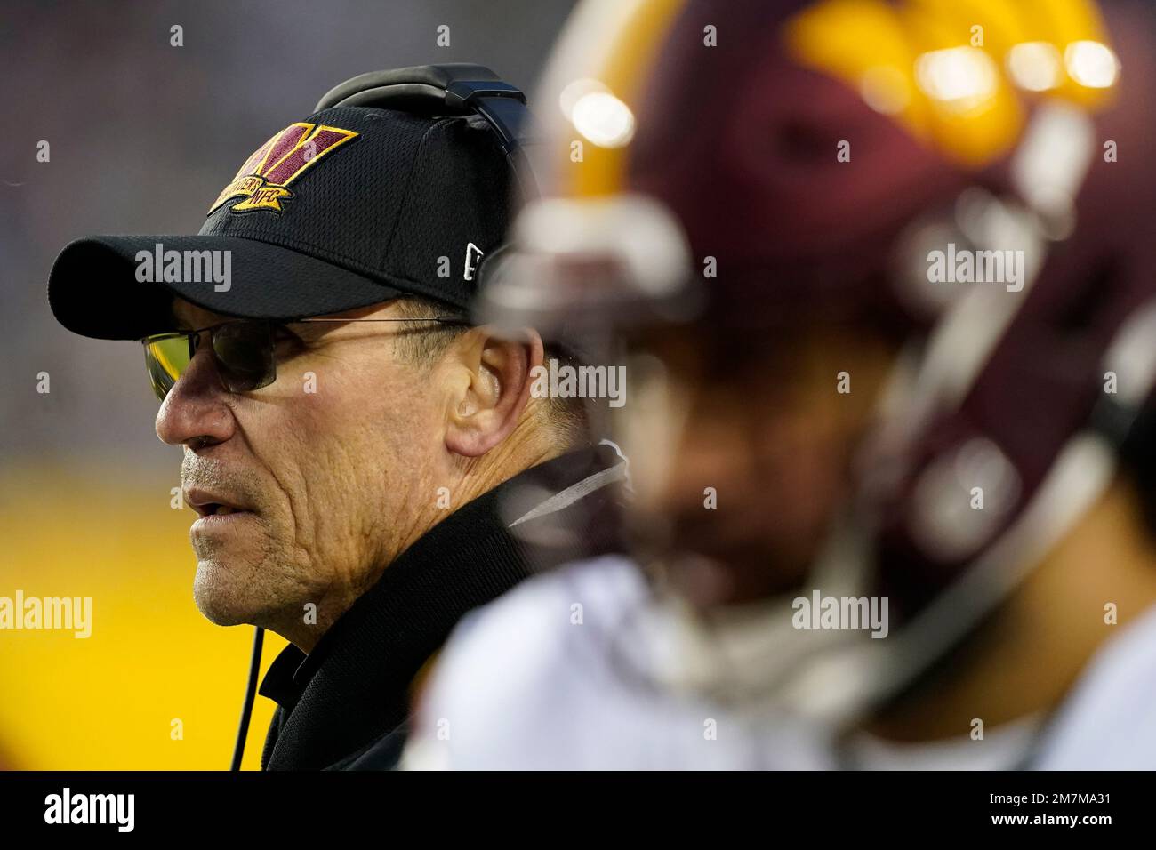 Washington Commanders head coach Ron Rivera watches the first half of