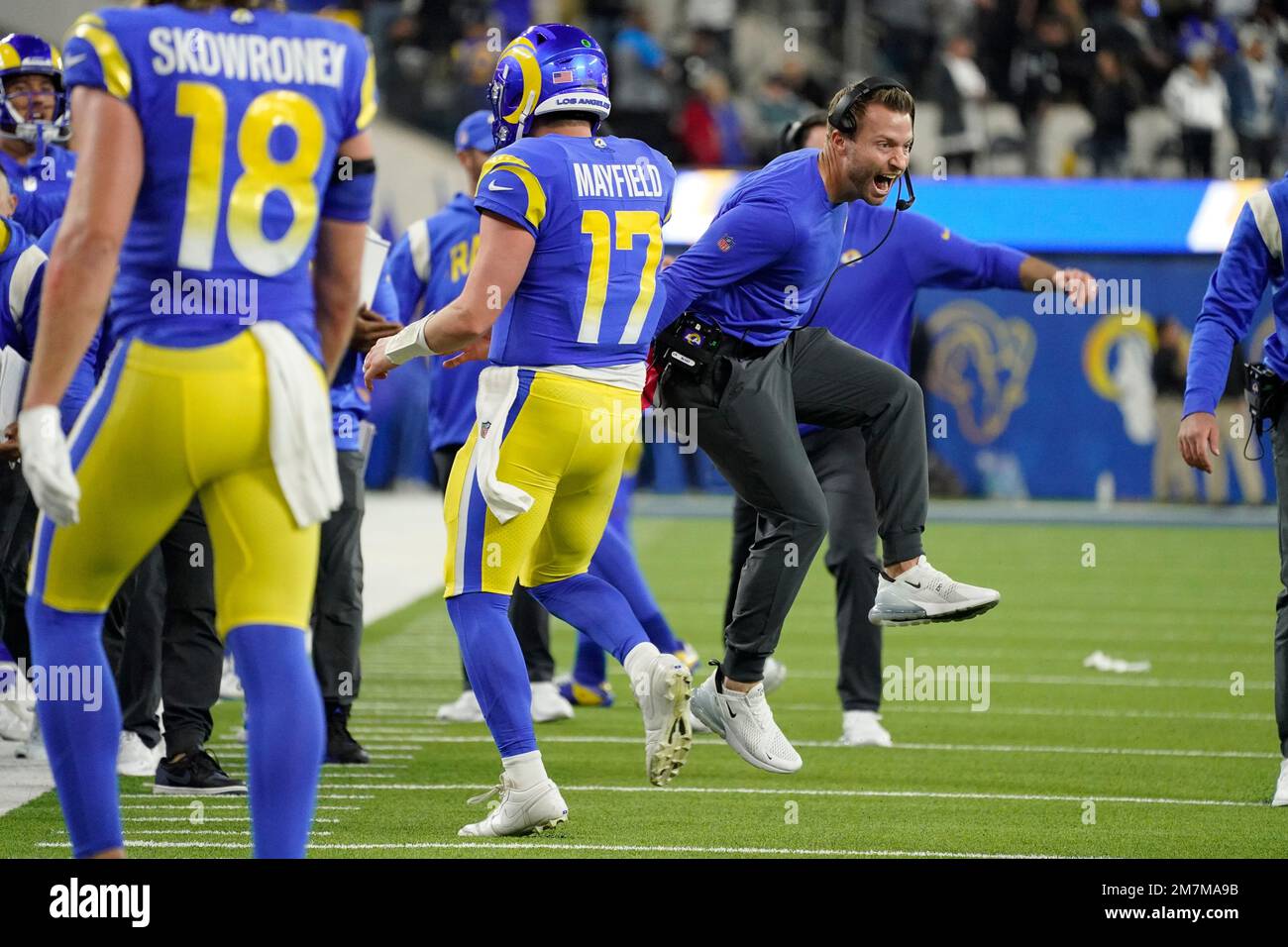 Los Angeles Rams head coach Sean McVay celebrates a touchdown by