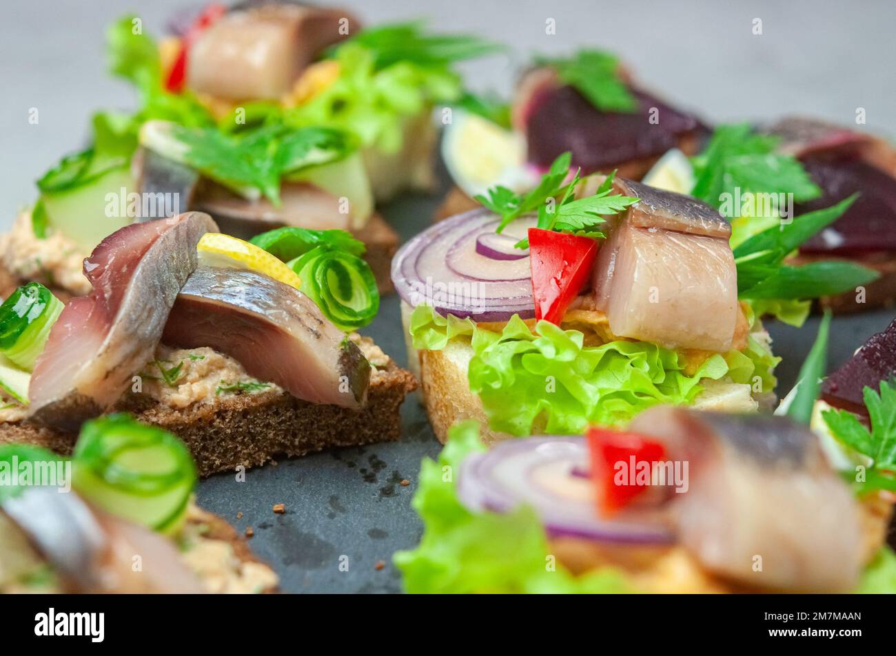 Appetizer with salted herring, pate, onion, egg, lettuce, tomato and beetroot. Scandinavian