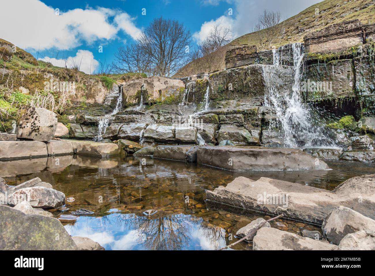 An almost dry waterfall on Ettersgill Beck, Upper Teesdale in strong spring sunshine. Stock Photo
