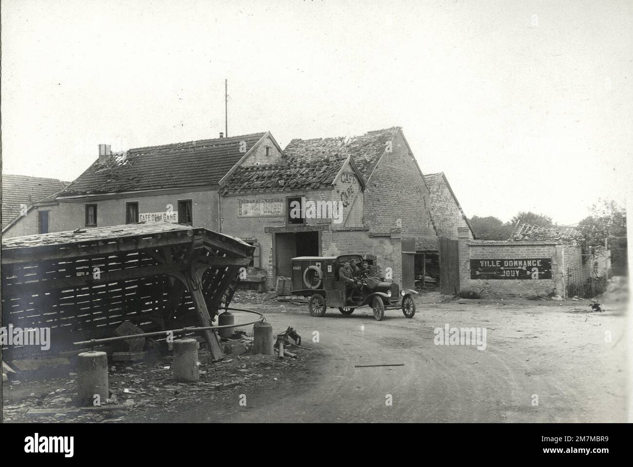 WW1 World War I photo - Ville-Dommange, truck, ruins, France Stock Photo