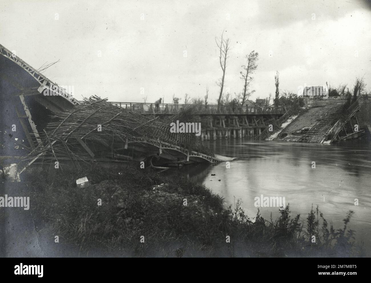 WW1 World War I photo - destroyed bridge, Aisne river, France Stock Photo