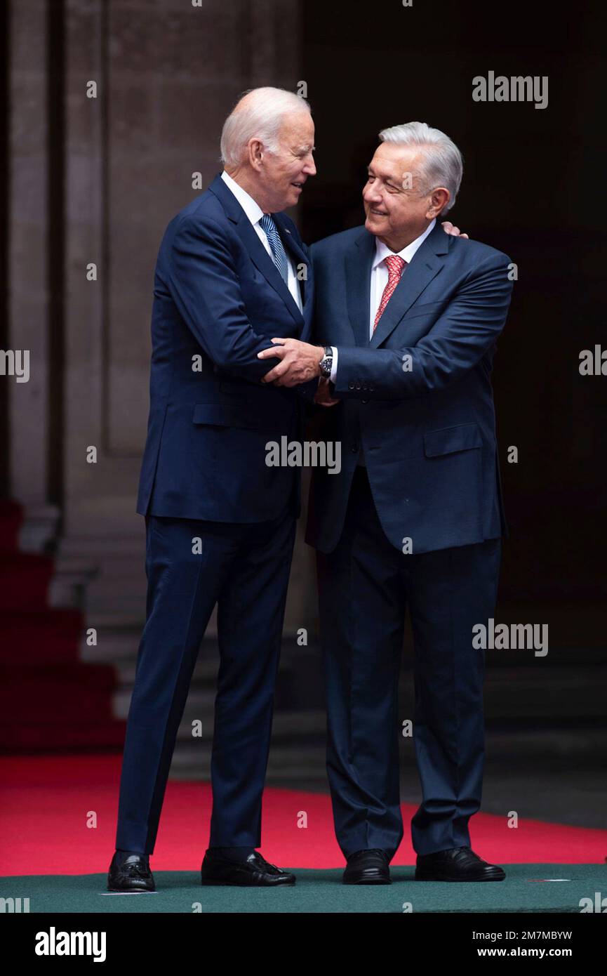 Mexico City, Mexico. 09th Jan, 2023. U.S President Joe Biden, left, and Mexican President Andres Manuel Lopez Obrador embrace during the arrival ceremony before the North American Leaders Summit at the Palacio Nacional, January 9, 2023 in Mexico City, Mexico. Credit: Presidencia de la Republica Mexicana/Mexican Presidents Office/Alamy Live News Stock Photo