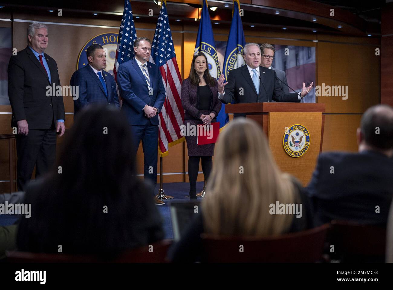 Washington, United States. 10th Jan, 2023. U.S. House Minority Whip Steve Scalise R-LA, along with U.S. Rep. Tom Emmer, R-MN, Rep. Anthony D'Esposito R-NY, Rep. Michael Cloud, R-TX, Republican Conference Chairman U.S. Rep. Elise Stefanik R-NY, and Rep. Adrian Smith R-NE, speaks at a press conference on Capitol Hill in Washington, DC on Tuesday, January 10, 2023. Photo by Ken Cedeno/UPI Credit: UPI/Alamy Live News Stock Photo