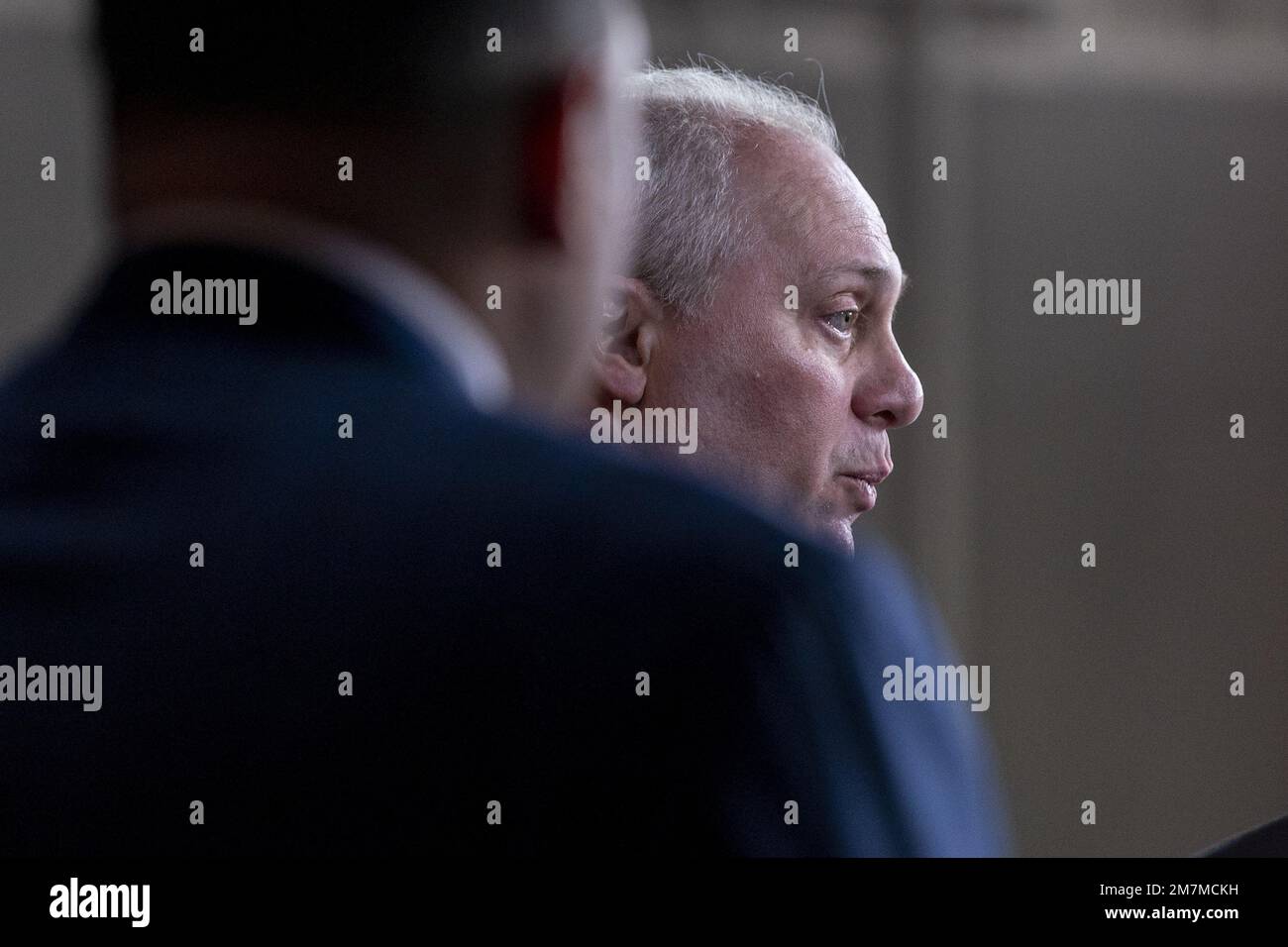 Washington, United States. 10th Jan, 2023. U.S. House Minority Whip Steve Scalise R-LA, along with U.S. Rep. Tom Emmer, R-MN, and Republican Conference Chairman U.S. Rep. Elise Stefanik R-NY, speaks at a press conference on Capitol Hill in Washington, DC on Tuesday, January 10, 2023. Photo by Ken Cedeno/UPI Credit: UPI/Alamy Live News Stock Photo