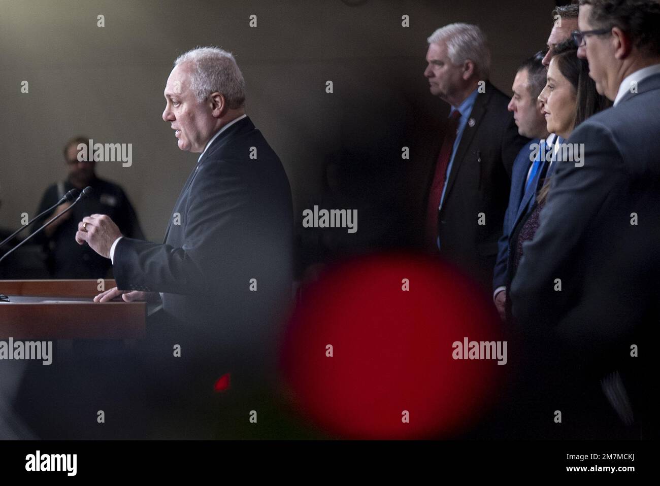 Washington, United States. 10th Jan, 2023. U.S. House Minority Whip Steve Scalise R-LA, along with U.S. Rep. Tom Emmer, R-MN, and Republican Conference Chairman U.S. Rep. Elise Stefanik R-NY, speaks at a press conference after meeting on Capitol Hill in Washington, DC on Tuesday, January 10, 2023. Photo by Ken Cedeno/UPI Credit: UPI/Alamy Live News Stock Photo