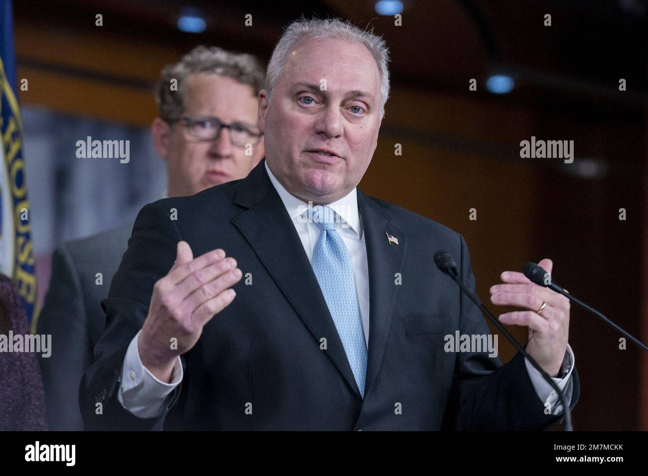 Washington, United States. 10th Jan, 2023. U.S. House Minority Whip Steve Scalise R-LA, speaks as Rep. Adrian Smith R-NE. looks on at a press conference on Capitol Hill in Washington, DC on Tuesday, January 10, 2023. Photo by Ken Cedeno/UPI . Credit: UPI/Alamy Live News Stock Photo