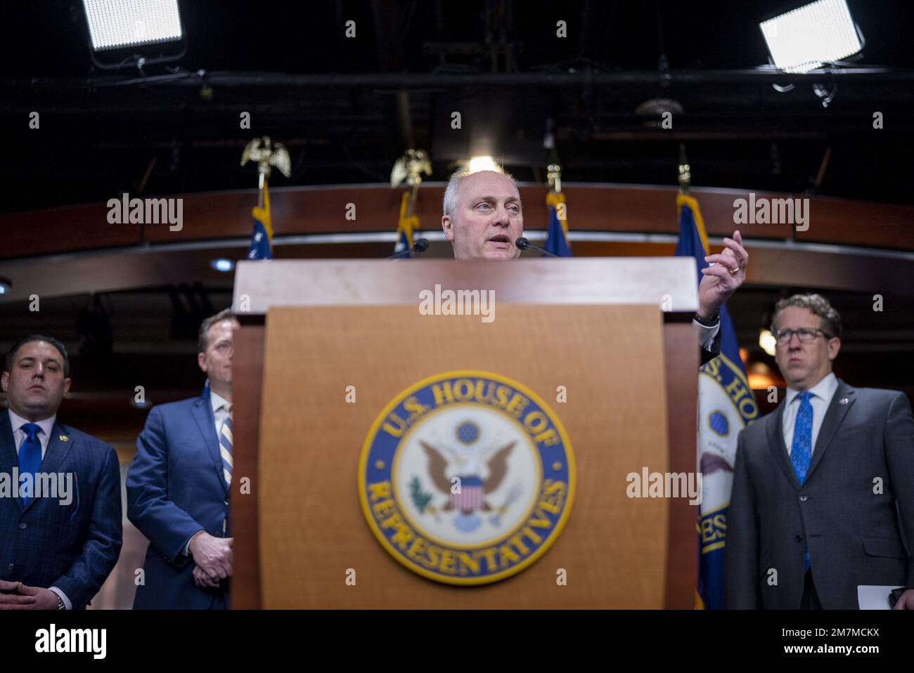 Washington, United States. 10th Jan, 2023. U.S. House Minority Whip Steve Scalise R-LA, along with U.S. Rep. Tom Emmer, R-MN, and Republican Conference Chairman U.S. Rep. Elise Stefanik R-NY, speaks at a press conference after meeting on Capitol Hill in Washington, DC on Tuesday, January 10, 2023. Photo by Ken Cedeno/UPI Credit: UPI/Alamy Live News Stock Photo