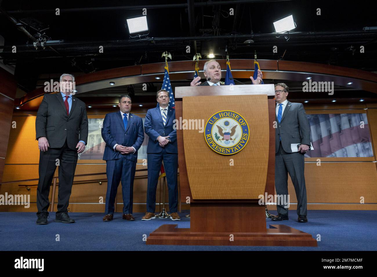 Washington, United States. 10th Jan, 2023. U.S. House Minority Whip Steve Scalise R-LA, along with U.S. Rep. Tom Emmer, R-MN, Rep. Anthony D'Esposito R-NY, Rep. Michael Cloud, R-TX, Republican Conference Chairman U.S. Rep. Elise Stefanik R-NY, and Rep. Adrian Smith R-NE, speaks at a press conference on Capitol Hill in Washington, DC on Tuesday, January 10, 2023. Photo by Ken Cedeno/UPI Credit: UPI/Alamy Live News Stock Photo