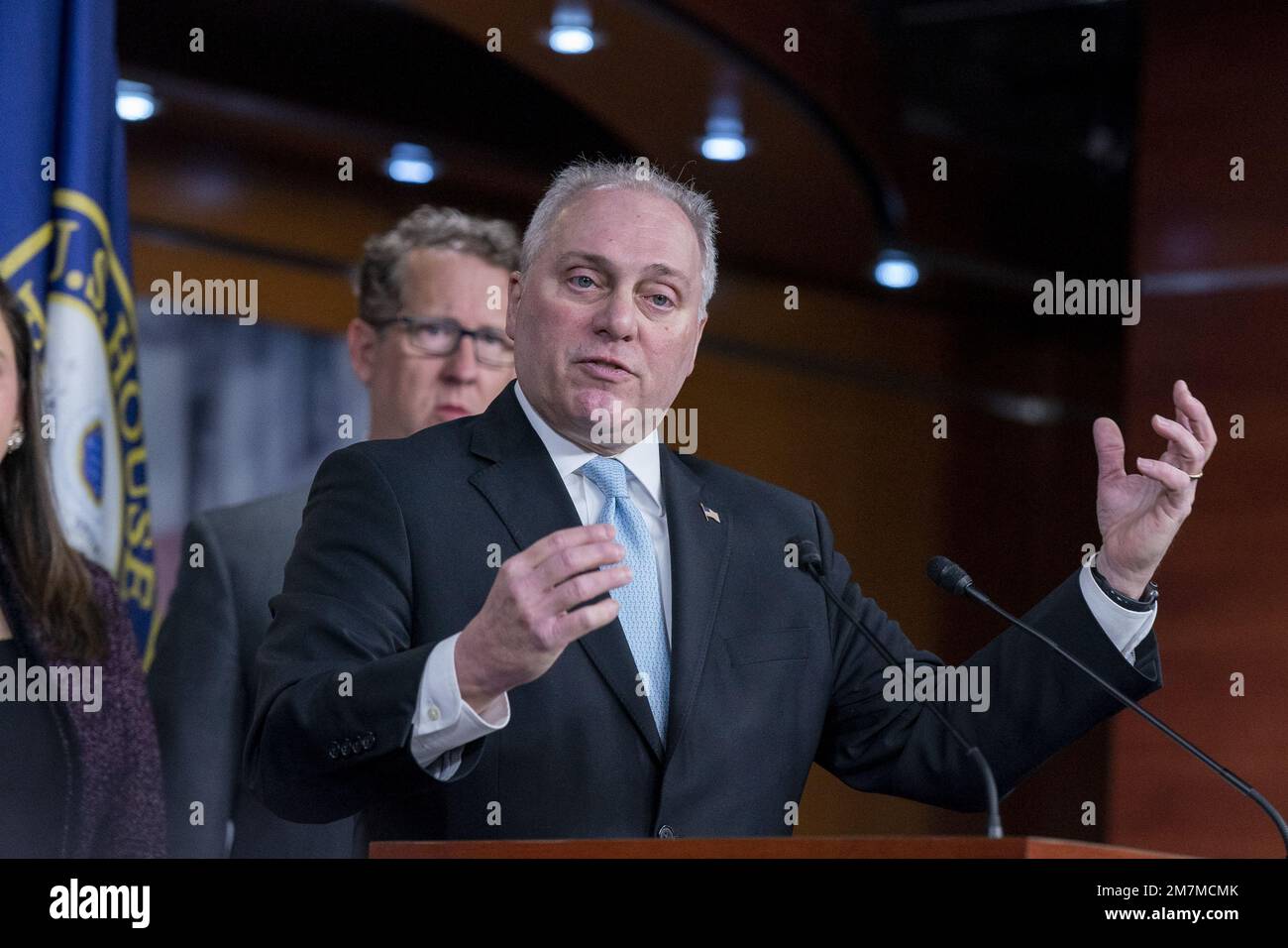 Washington, United States. 10th Jan, 2023. U.S. House Minority Whip Steve Scalise R-LA, speaks as Rep. Adrian Smith R-NE, looks on at a press conference on Capitol Hill in Washington, DC on Tuesday, January 10, 2023. Photo by Ken Cedeno/UPI Credit: UPI/Alamy Live News Stock Photo