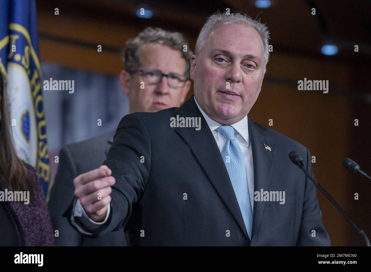 Washington, United States. 10th Jan, 2023. U.S. House Minority Whip Steve Scalise R-LA, speaks as Rep. Adrian Smith R-NE. looks on at a press conference on Capitol Hill in Washington, DC on Tuesday, January 10, 2023. Photo by Ken Cedeno/UPI . Credit: UPI/Alamy Live News Stock Photo