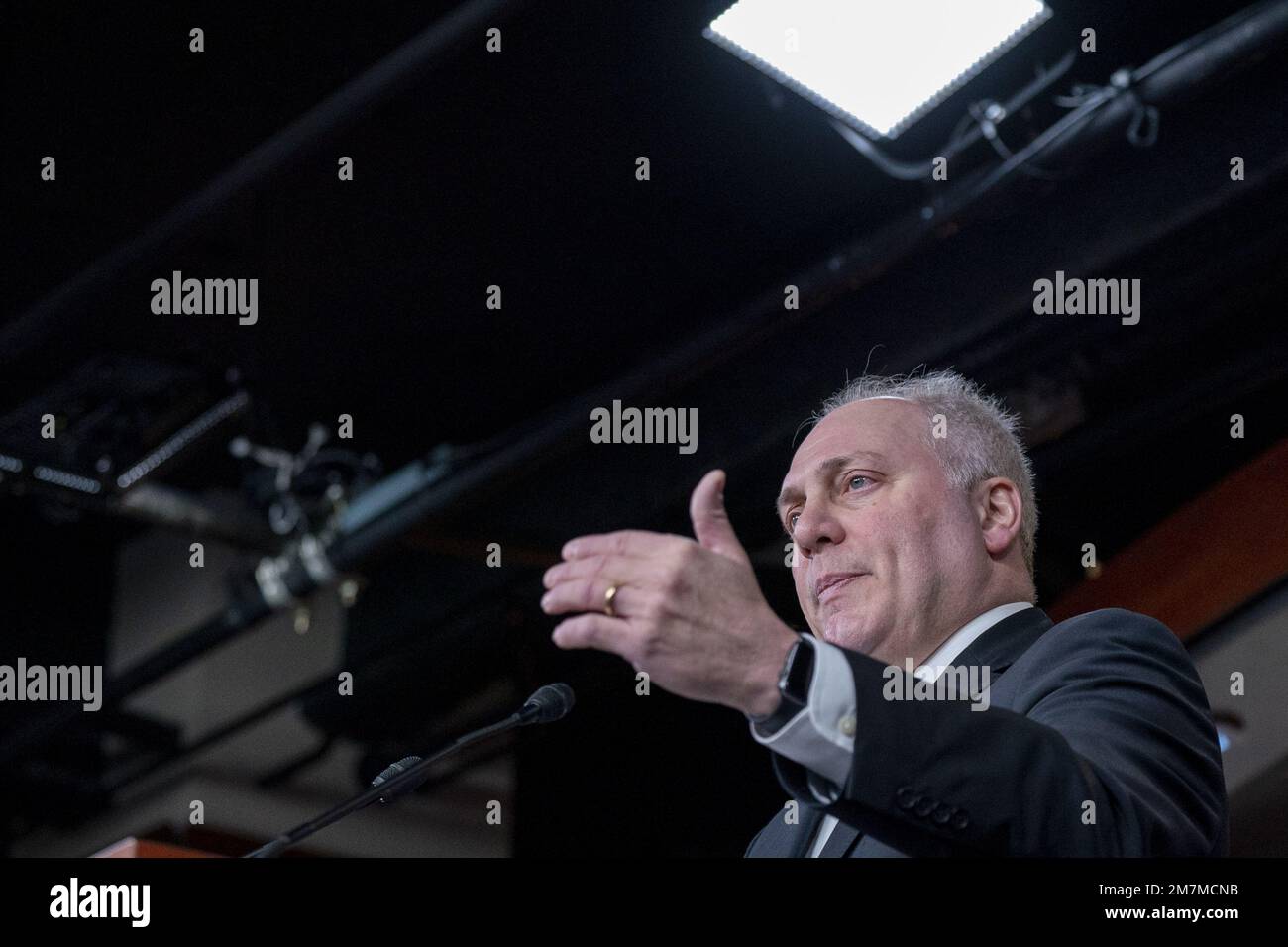 Washington, United States. 10th Jan, 2023. U.S. House Minority Whip Steve Scalise R-LA, along with U.S. Rep. Tom Emmer, R-MN, and Republican Conference Chairman U.S. Rep. Elise Stefanik R-NY, speaks at a press conference after meeting on Capitol Hill in Washington, DC on Tuesday, January 10, 2023. Photo by Ken Cedeno/UPI Credit: UPI/Alamy Live News Stock Photo