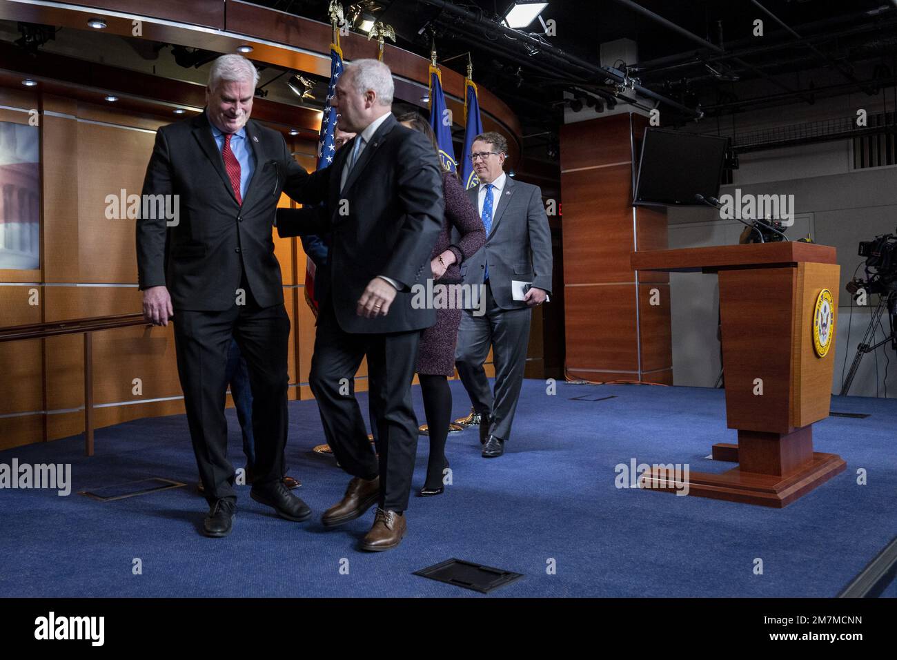 Washington, United States. 10th Jan, 2023. U.S. House Minority Whip Steve Scalise R-LA, along with U.S. Rep. Tom Emmer, R-MN, Rep. Anthony D'Esposito R-NY, Rep. Michael Cloud, R-TX, Republican Conference Chairman U.S. Rep. Elise Stefanik R-NY, and Rep. Adrian Smith R-NE, walk off stage after a press conference Capitol Hill in Washington, DC on Tuesday, January 10, 2023. Photo by Ken Cedeno/UPI Credit: UPI/Alamy Live News Stock Photo