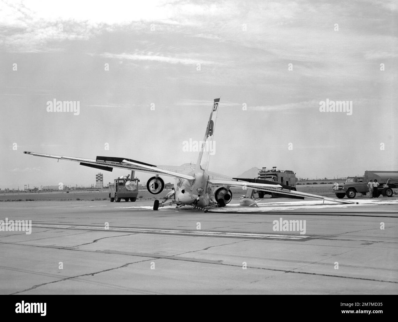 A rear view of an S3A Viking aircraft that crash landed at the Naval