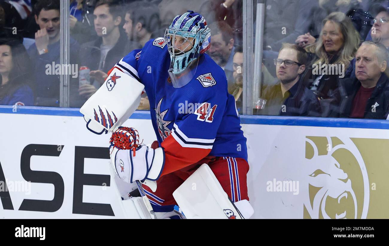 New York Rangers goaltender Jaroslav Halak stretches in the second period  of an NHL hockey game against the Nashville Predators Saturday, Nov. 12,  2022, in Nashville, Tenn. (AP Photo/Mark Humphrey Stock Photo 