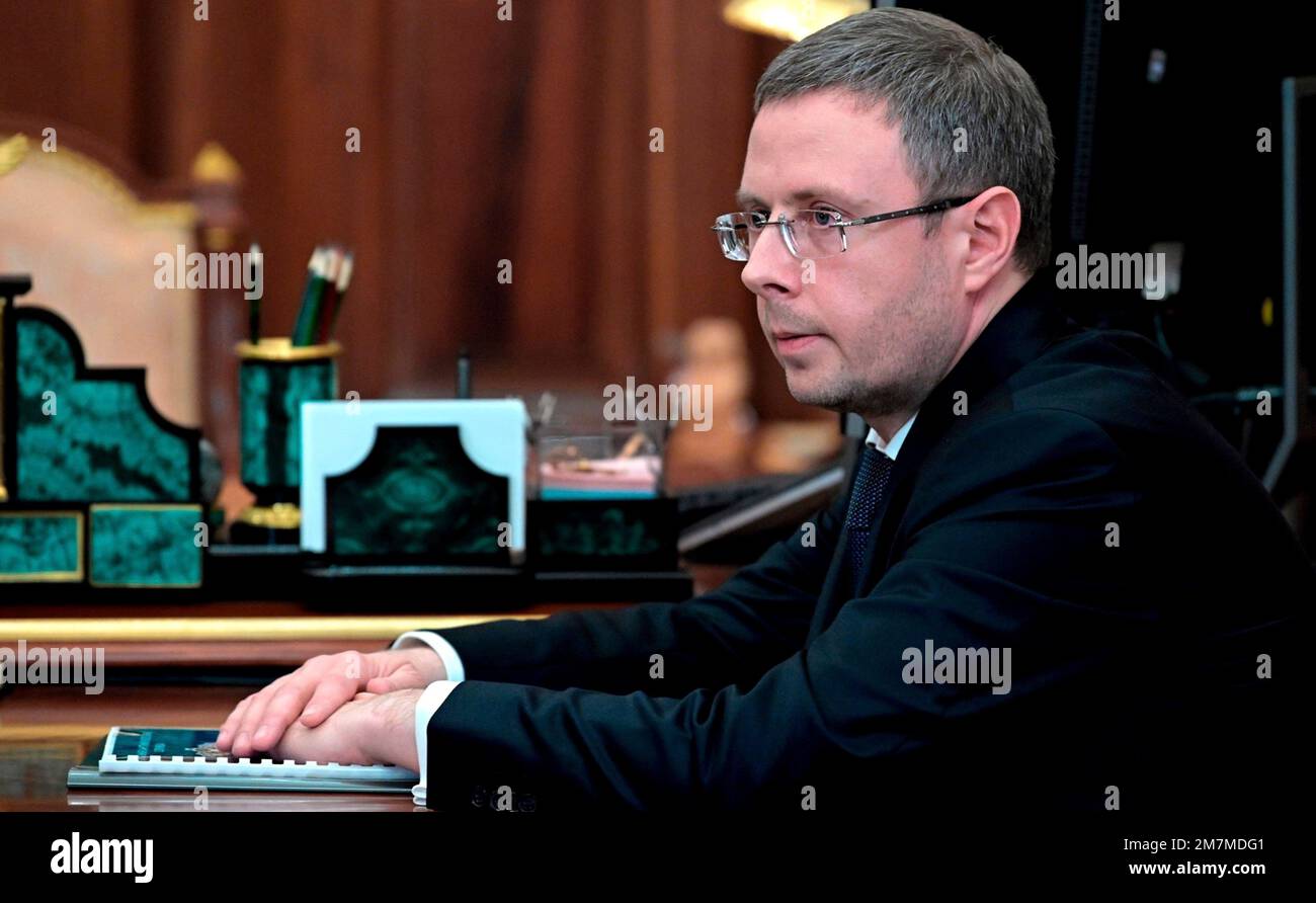 Moscow, Russia. 10th Jan, 2023. Russian Federal Anti-Monopoly Service head Maxim Shaskolsky, listens during a face-to-face meeting with Russian President Vladimir Putin at the Kremlin office, January 10, 2023 in Moscow, Russia. Credit: Mikhail Klimentyev/Kremlin Pool/Alamy Live News Stock Photo