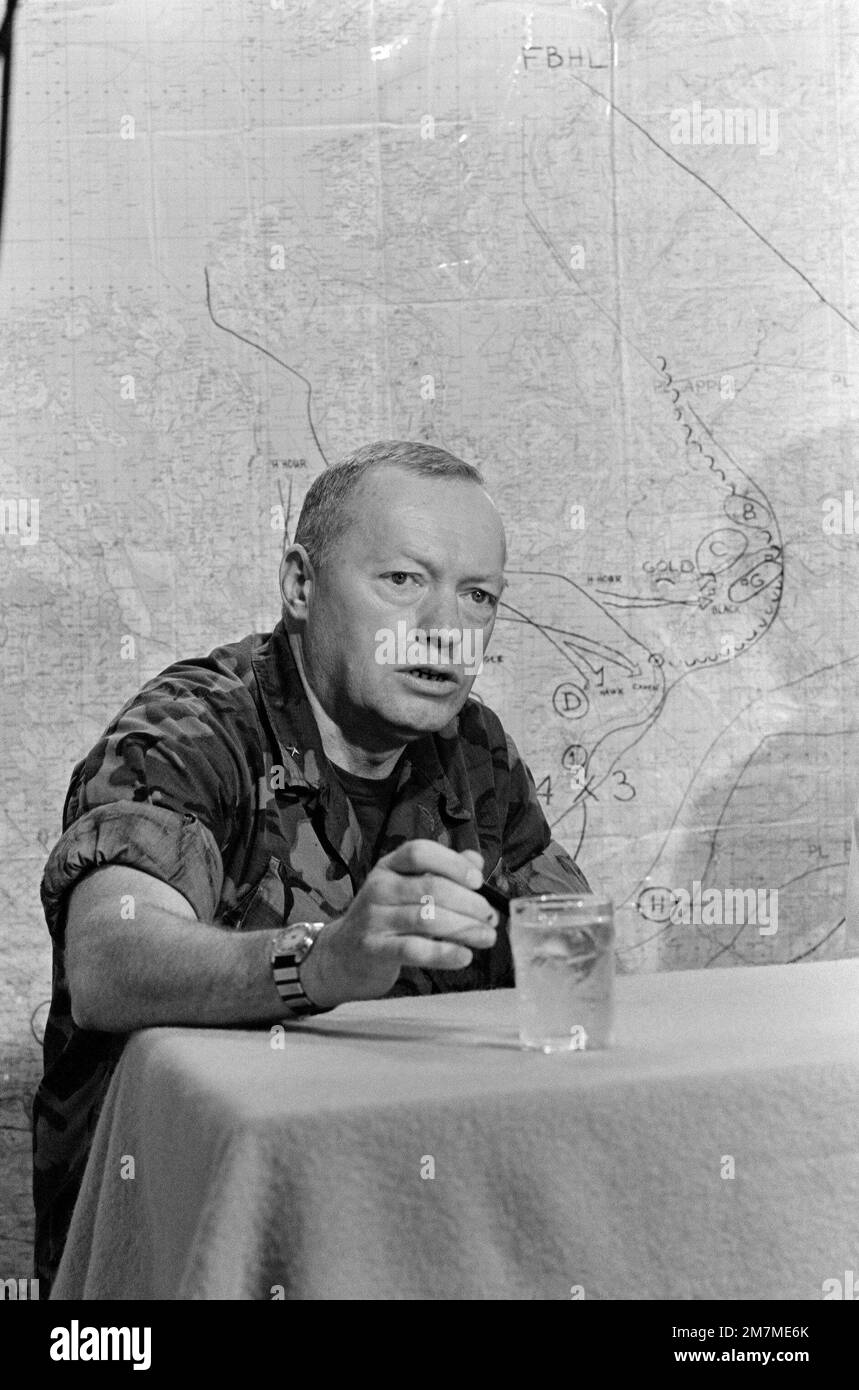 Brigadier General Alfred M. Gray Jr., Commanding General, 4th Marine Amphibious Brigade, participates in a briefing aboard the amphibious command ship USS MOUNT WHITNEY (LCC 20). The MOUNT WHITNEY is serving as flagship during the allied Exercise TEAM WORK '76. Subject Operation/Series: TEAM WORK '76 Country: Unknown Stock Photo