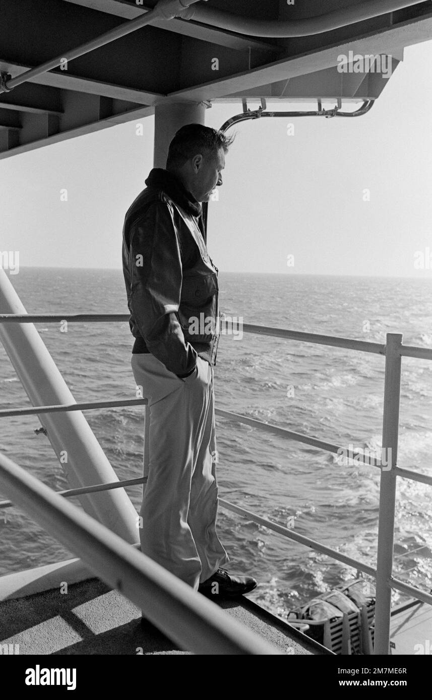 Vice Admiral John J. Shanahan, Commander, US Second Fleet, on the deck of the amphibious command ship USS MOUNT WHITNEY (LCC 20) while en route to participate in the allied Exercise TEAM WORK '76. The MOUNT WHITNEY is serving as flagship during the exercise scheduled for September 15-24. Subject Operation/Series: TEAM WORK '76 Country: Unknown Stock Photo