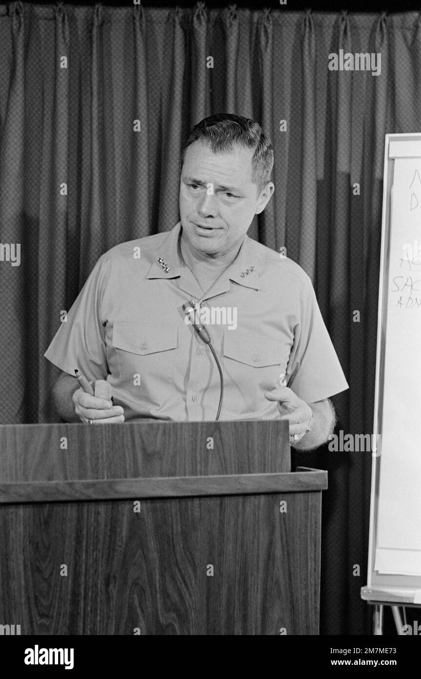 Vice Admiral John J. Shanahan, Commander of the US Navy's Second Fleet, Holds a briefing aboard the amphibious command ship USS MOUNT WHITNEY (LCC 20) while en route to participate in the allied Exercise TEAM WORK '76. The MOUNT WHITNEY is serving as flagship during the exercise scheduled for September 15-24. Subject Operation/Series: TEAM WORK '76 Country: Unknown Stock Photo