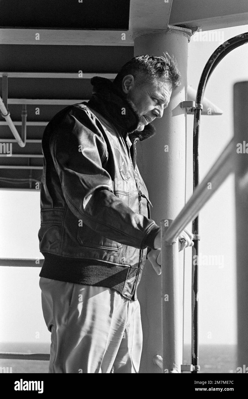 Vice Admiral John J. Shanahan, Commander, US Second Fleet, aboard the amphibious command ship USS MOUNT WHITNEY (LCC 20) while en route to participate in the allied Exercise TEAM WORK '76. The USS MOUNT WHITNEY is serving as flagship during the exercise scheduled for September 15-24. Subject Operation/Series: TEAM WORK '76 Country: Unknown Stock Photo