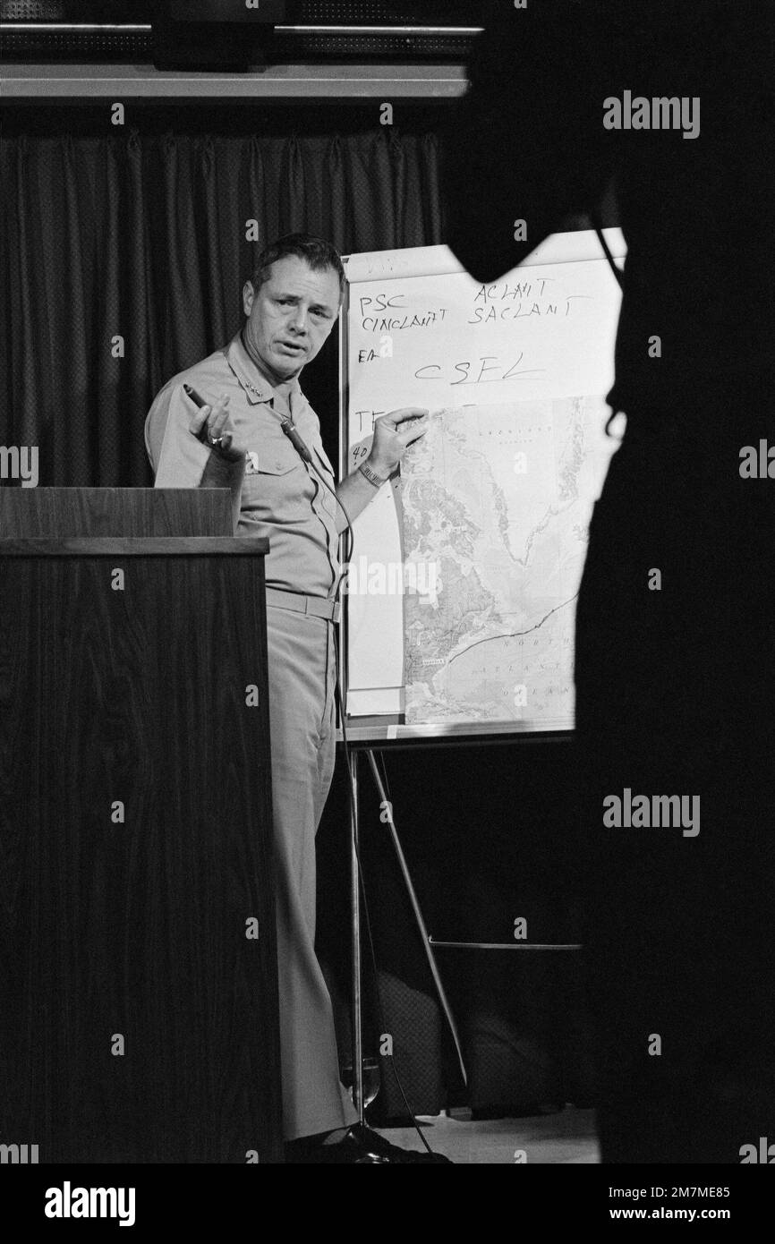 Vice Admiral John J. Shanahan, left, Commander of the US Navy's Second Fleet, Holds a briefing aboard the amphibious command ship USS MOUNT WHITNEY (LCC 20) while en route to participate in the allied Exercise TEAM WORK '76. The MOUNT WHITNEY is serving as flagship during the exercise scheduled for September 15-24. Subject Operation/Series: TEAM WORK '76 Country: Unknown Stock Photo