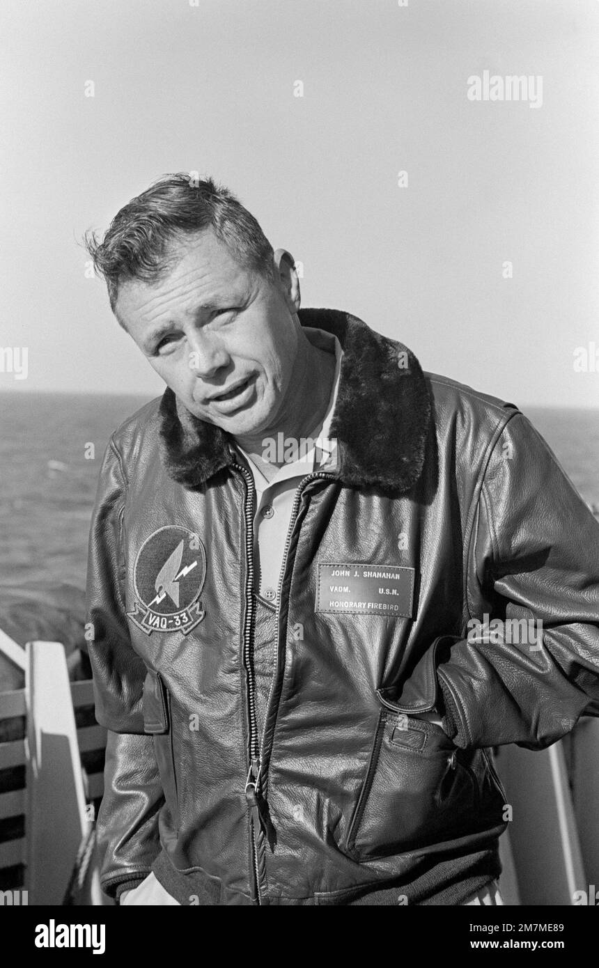 Vice Admiral John J. Shanahan, Commander, US Second Fleet, on the deck of the amphibious command ship USS MOUNT WHITNEY (LCC 20) while en route to participate in the allied Exercise TEAM WORK '76. The MOUNT WHITNEY is serving as flagship during the exercise scheduled for September 15-24. Subject Operation/Series: TEAM WORK '76 Country: Unknown Stock Photo