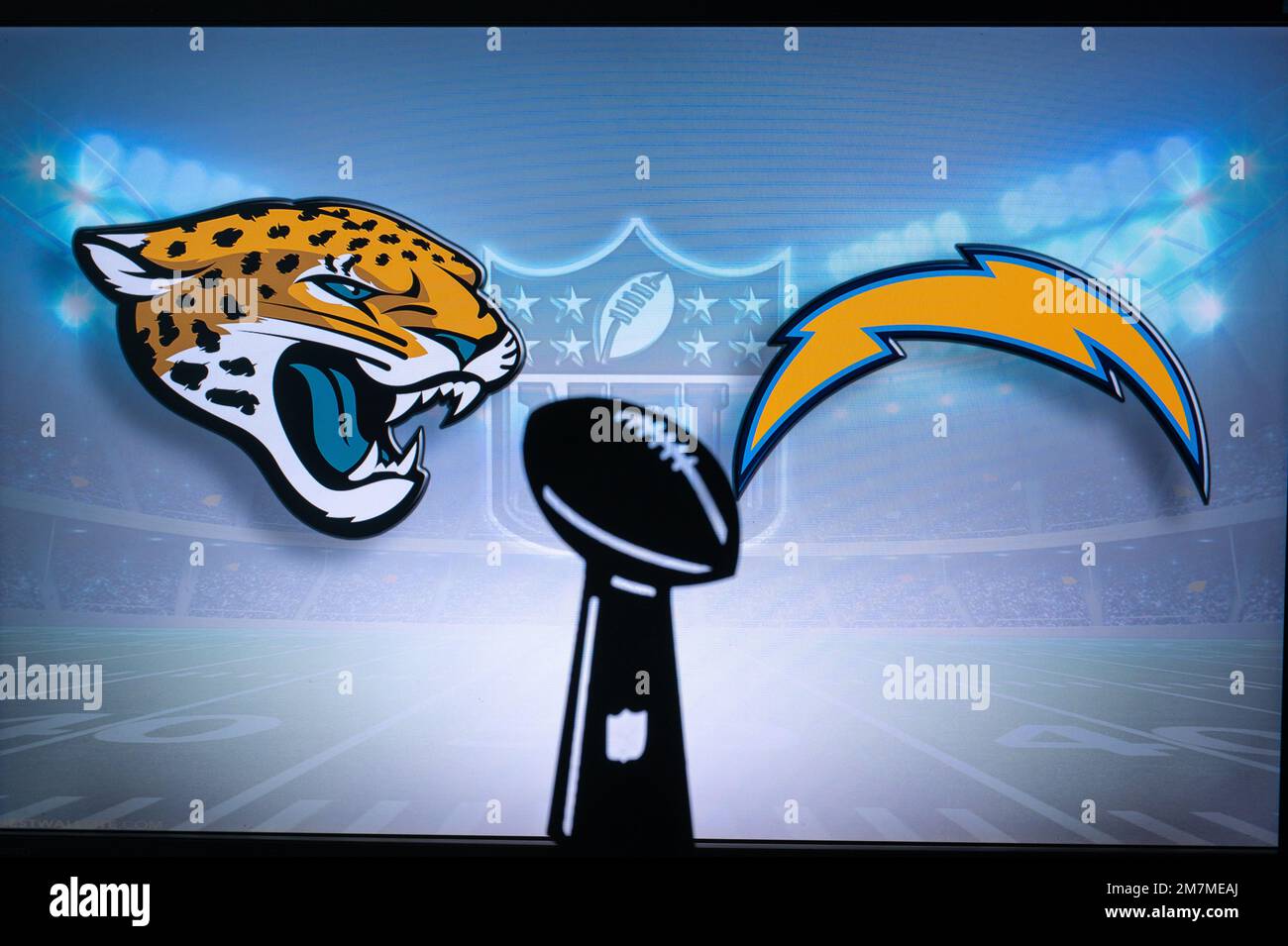 JACKSONVILLE, USA, JANUARY 10, 2023: Los Angeles Chargers vs. Jacksonville Jaguars. NFL Wild Card Round 2023, Silhouette of Vince Lombardi Trophy for Stock Photo