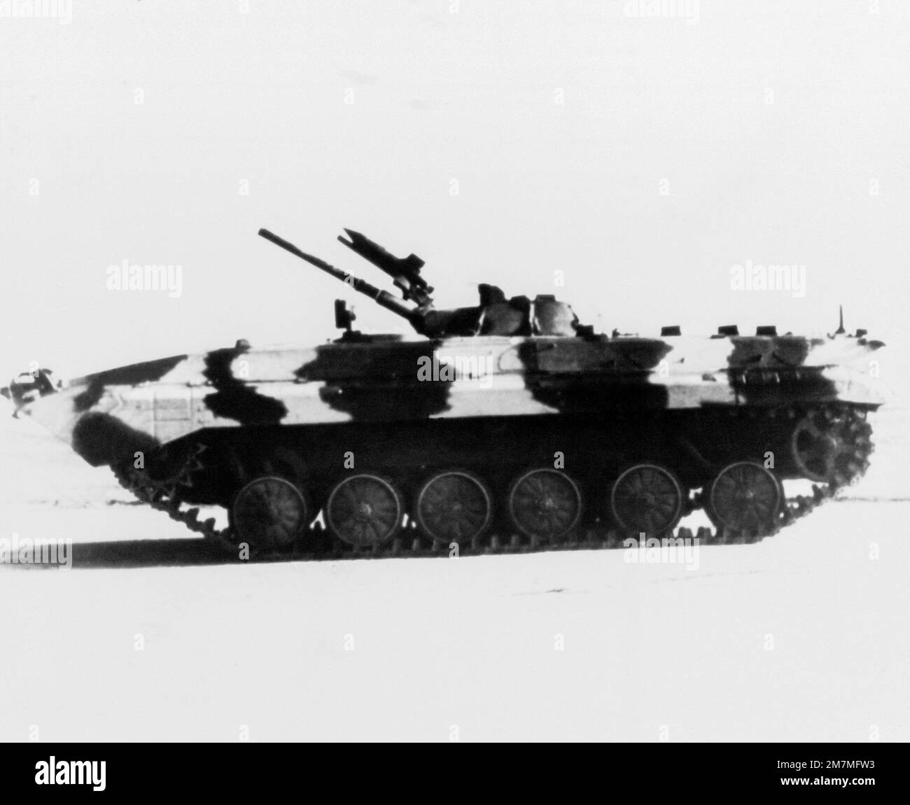 A left side view of a Soviet BMP armored personnel carrier ...