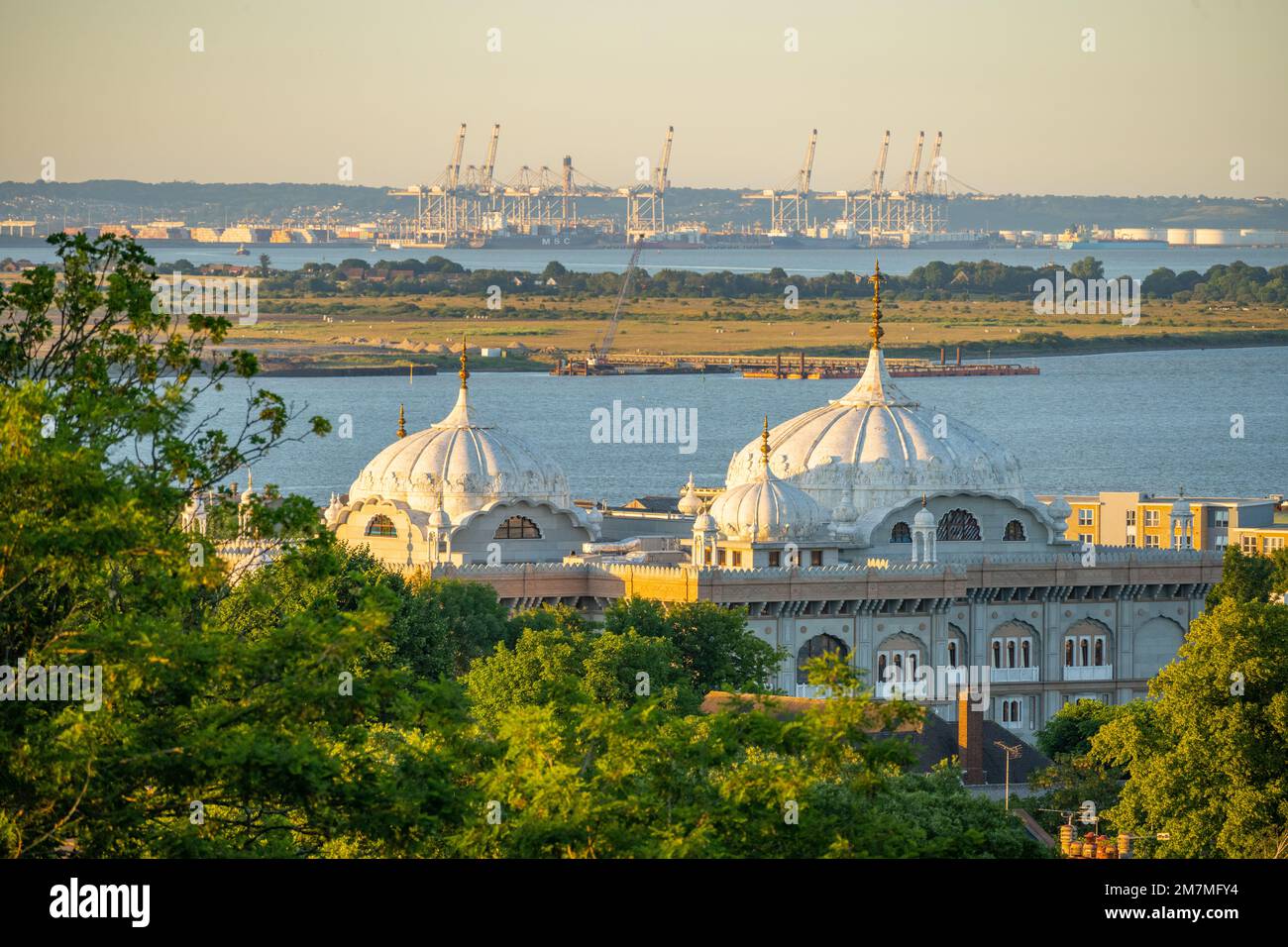 The cranes London Gateway port from Gravesend Kent with the dogs of the Sikh temple in the foreground at sunset Stock Photo
