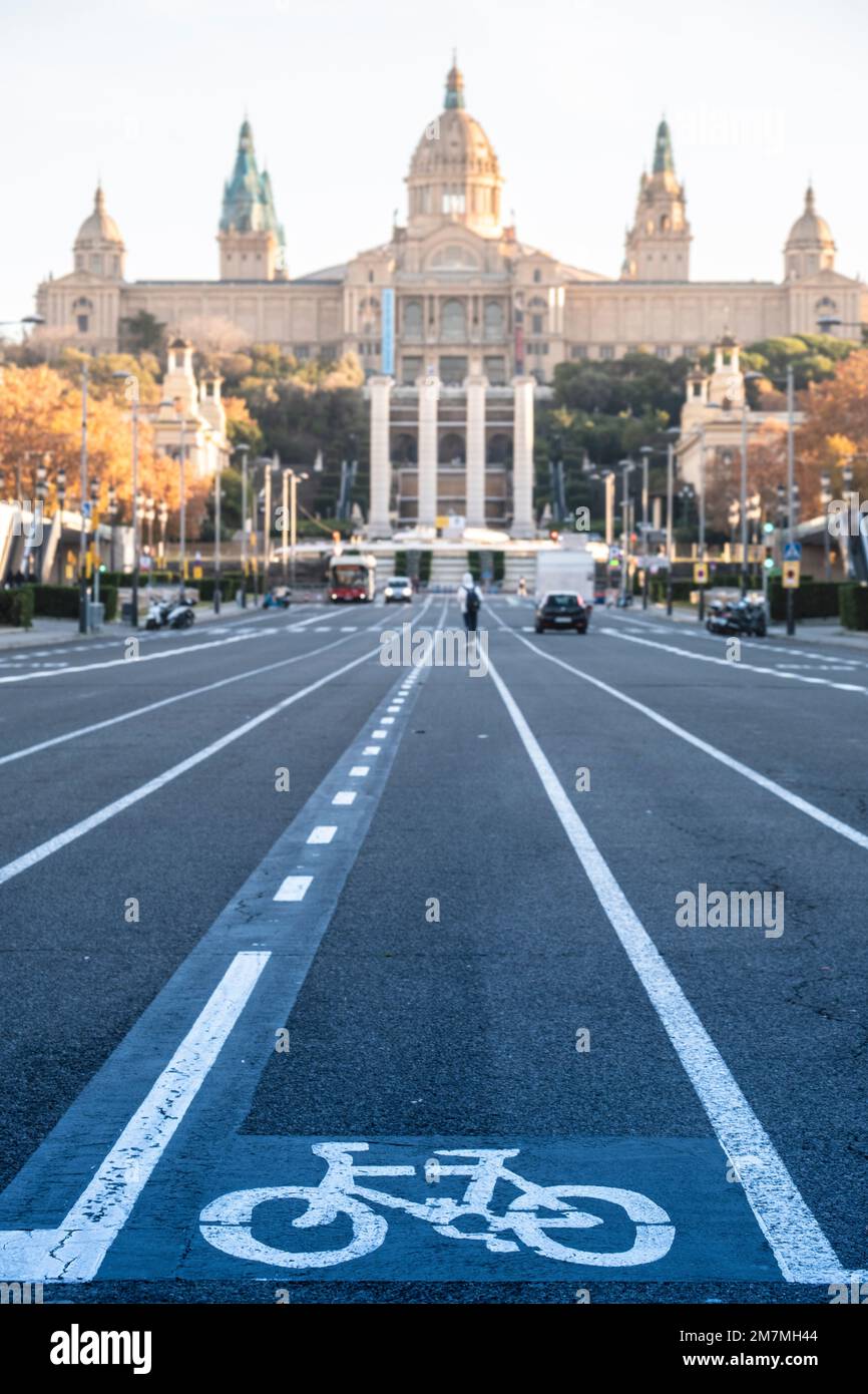 Lane for the exclusive use of bicycles in the direction of the National Art Museum of Catalonia on Montjuic in Barcelona Stock Photo