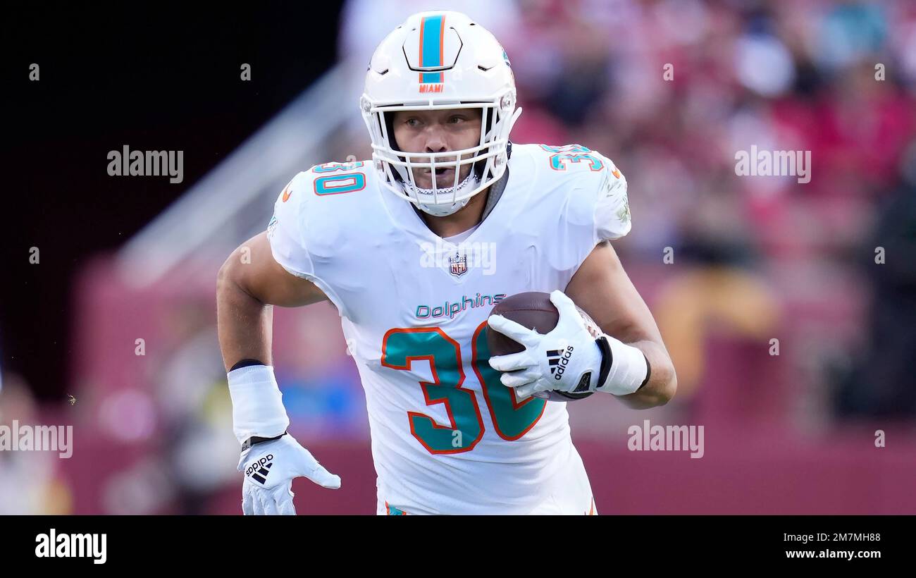 INGLEWOOD, CA - SEPTEMBER 10: Miami Dolphins fullback Alec Ingold (30)  celebrates after the NFL, Ame